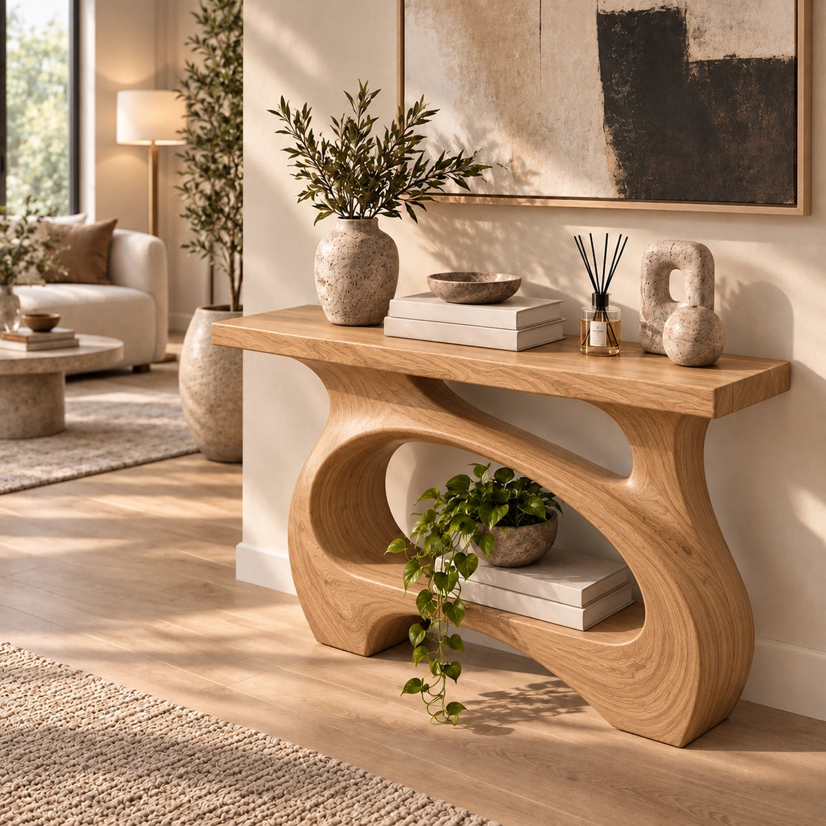 Console Table with Curved Sculptural Base in Natural Solid Wood Form - Rustiracraft