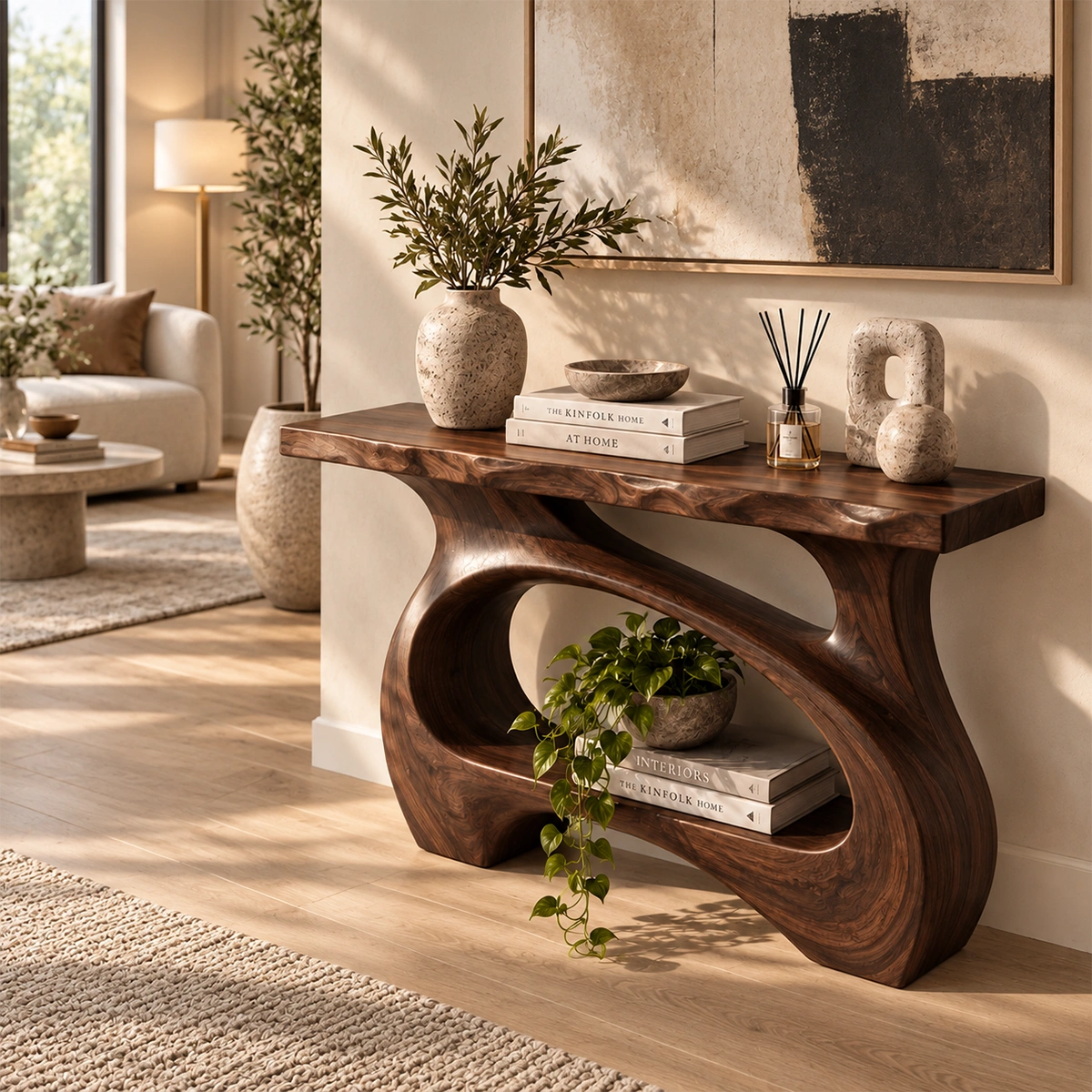 Console Table with Curved Sculptural Base in Natural Solid Wood Form - Rustiracraft