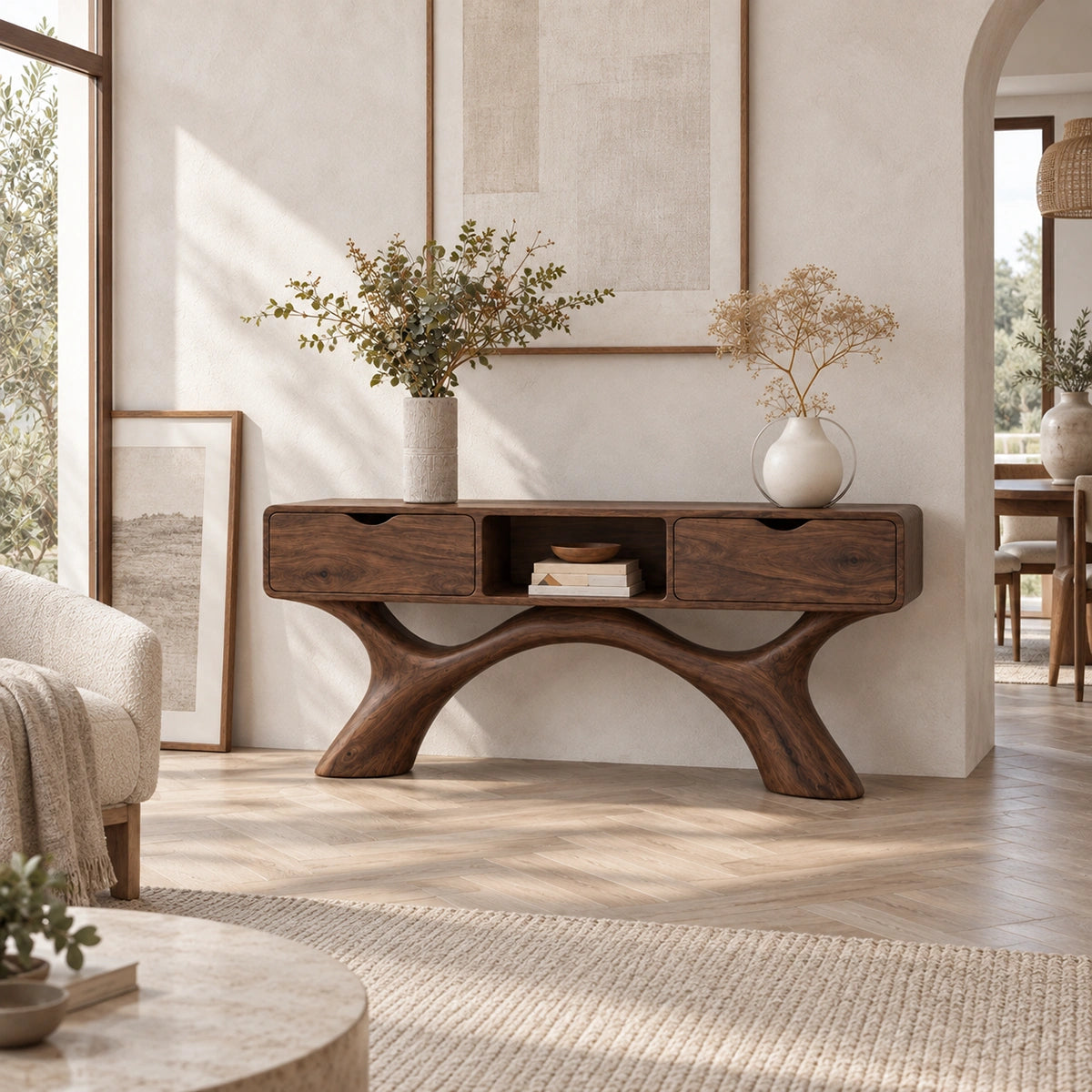 Console Table with Curved Sculptural Legs and Dual Storage Drawers - Rustiracraft