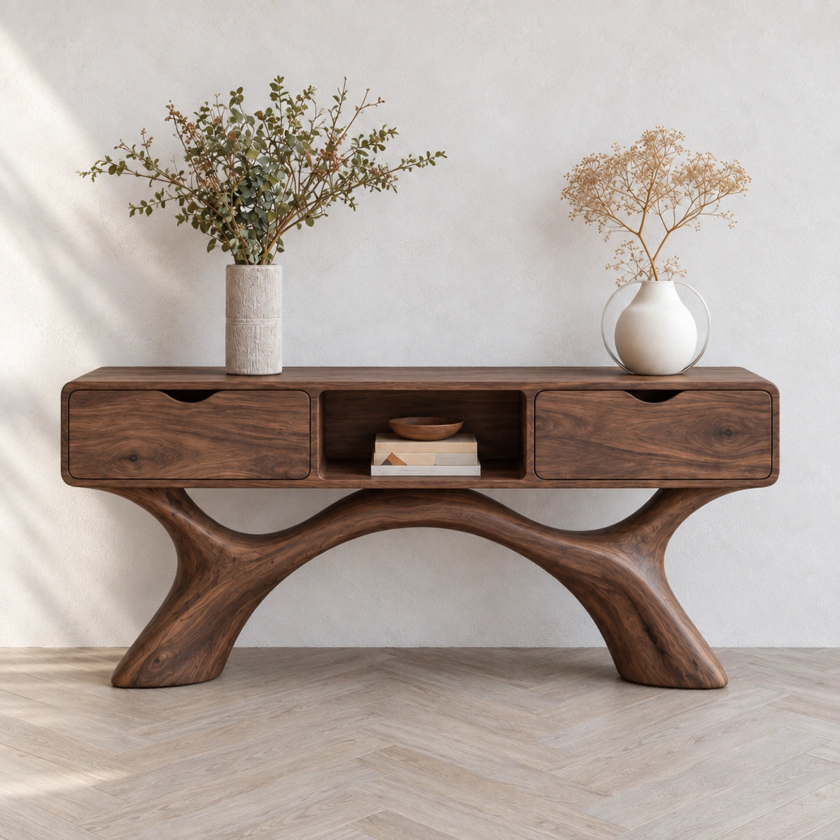Console Table with Curved Sculptural Legs and Dual Storage Drawers - Rustiracraft
