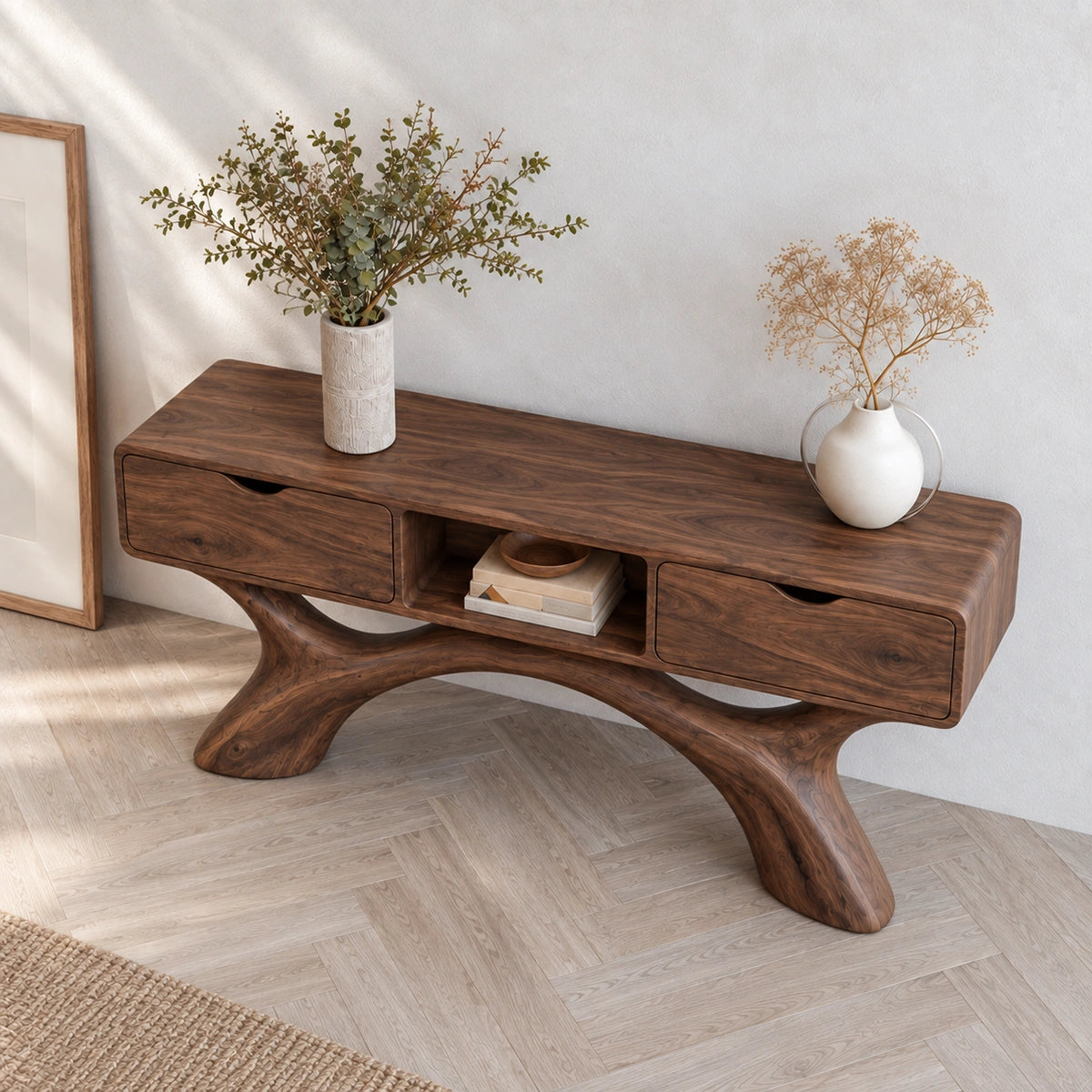 Console Table with Curved Sculptural Legs and Dual Storage Drawers - Rustiracraft