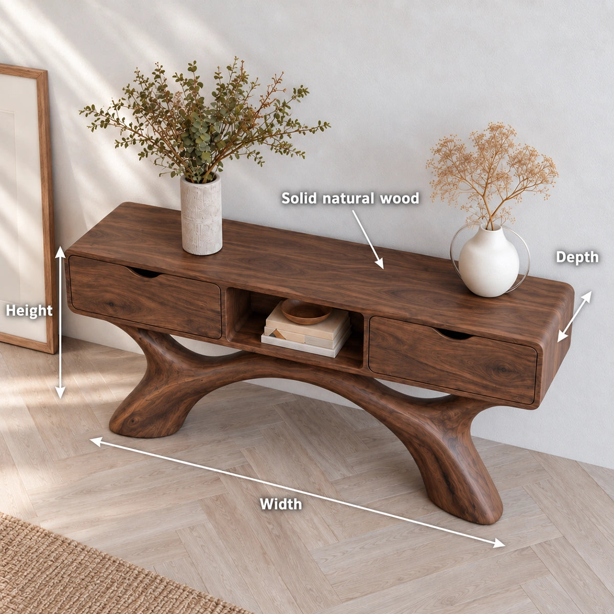 Console Table with Curved Sculptural Legs and Dual Storage Drawers - Rustiracraft