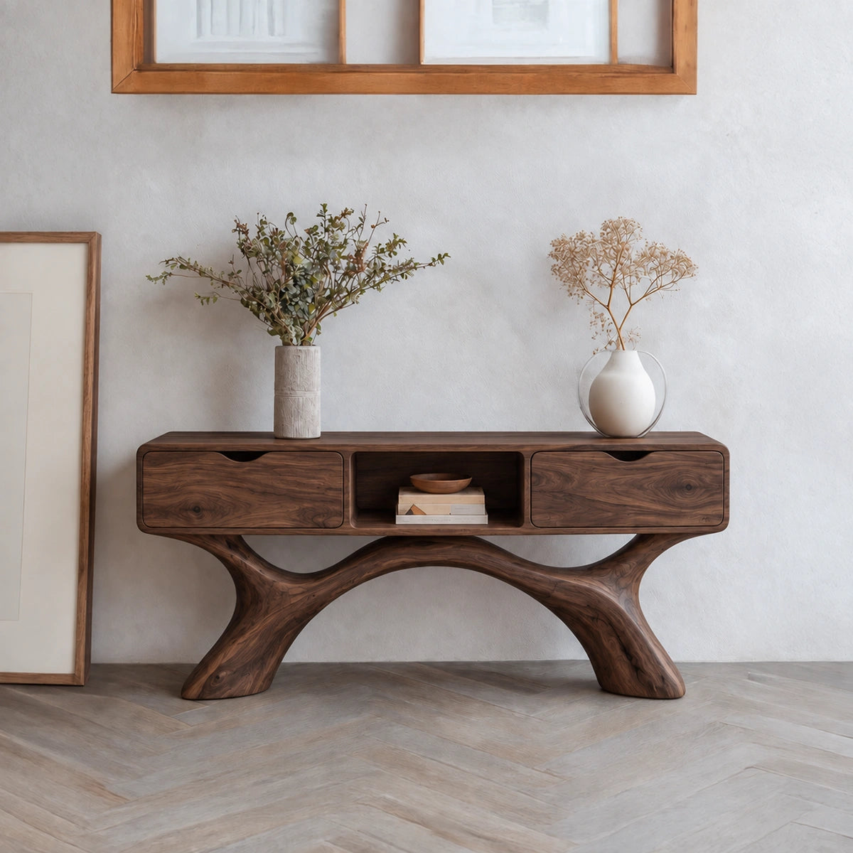 Console Table with Curved Sculptural Legs and Dual Storage Drawers - Rustiracraft
