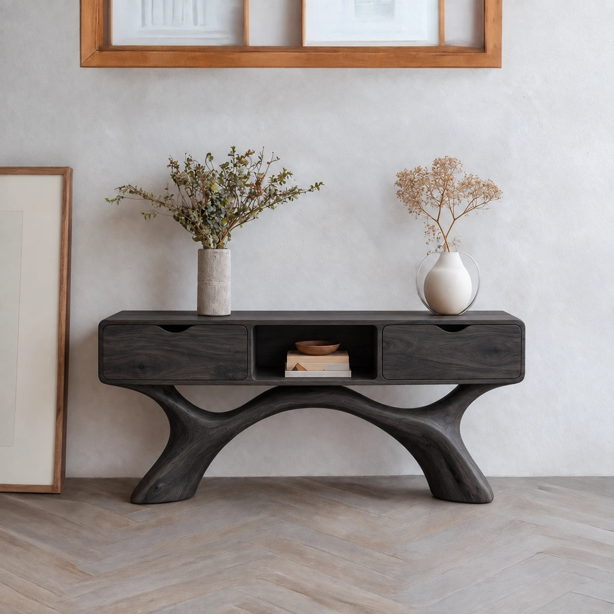 Console Table with Curved Sculptural Legs and Dual Storage Drawers - Rustiracraft