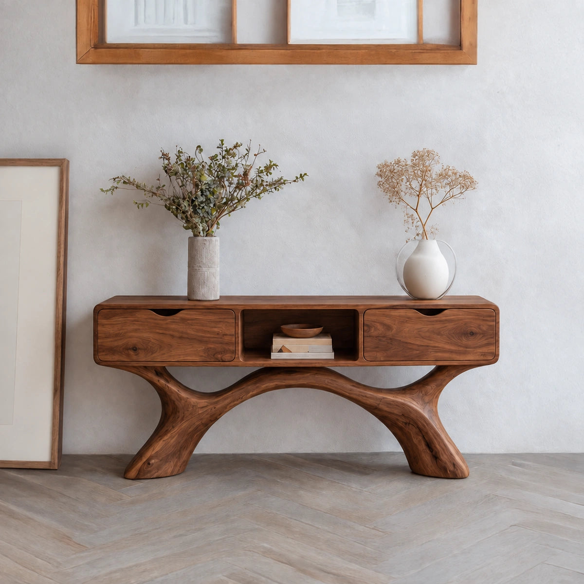 Console Table with Curved Sculptural Legs and Dual Storage Drawers - Rustiracraft