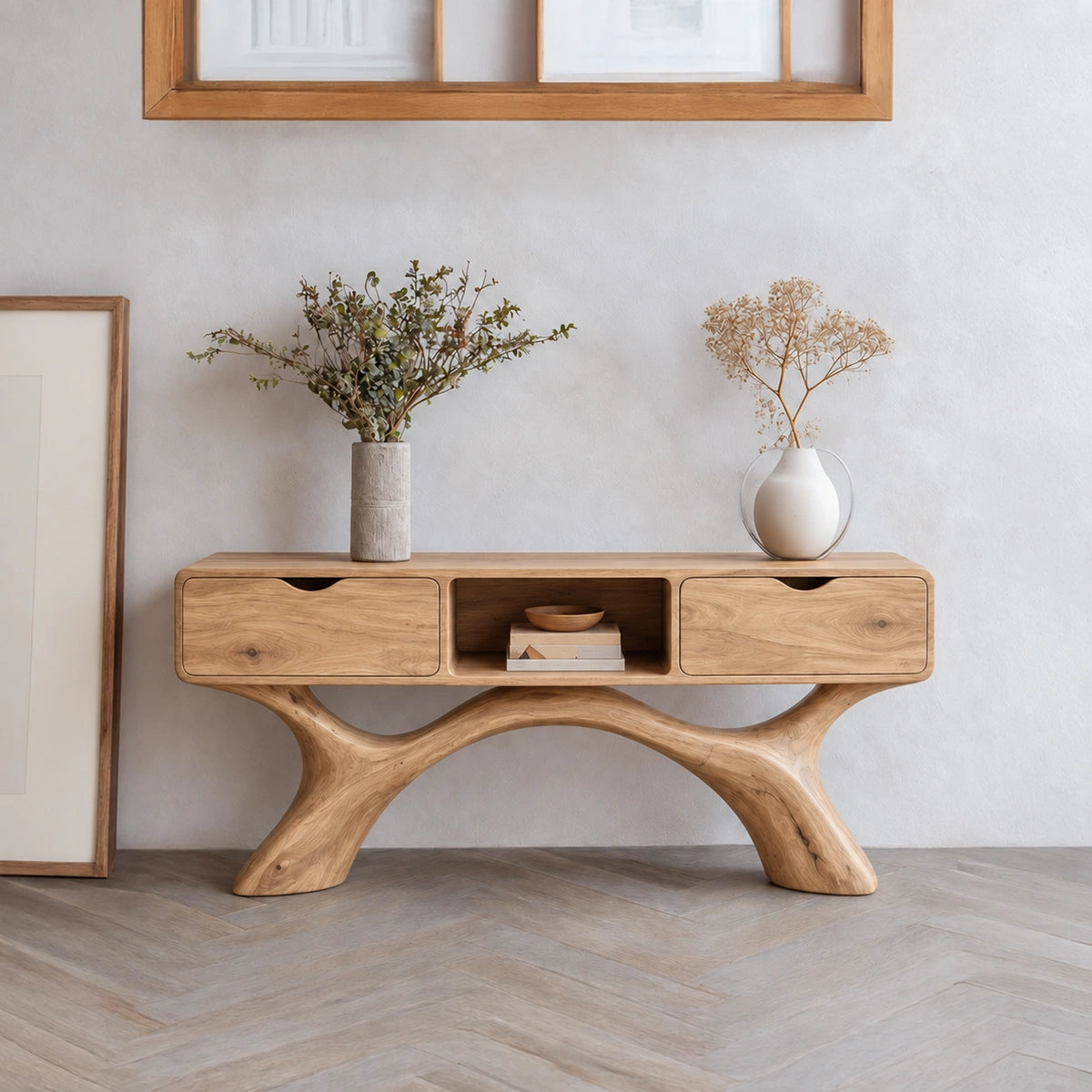 Console Table with Curved Sculptural Legs and Dual Storage Drawers - Rustiracraft
