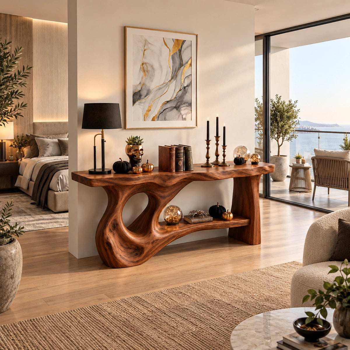 Console Table with Flowing Biomorphic Base in Natural Solid Woods - Rustiracraft