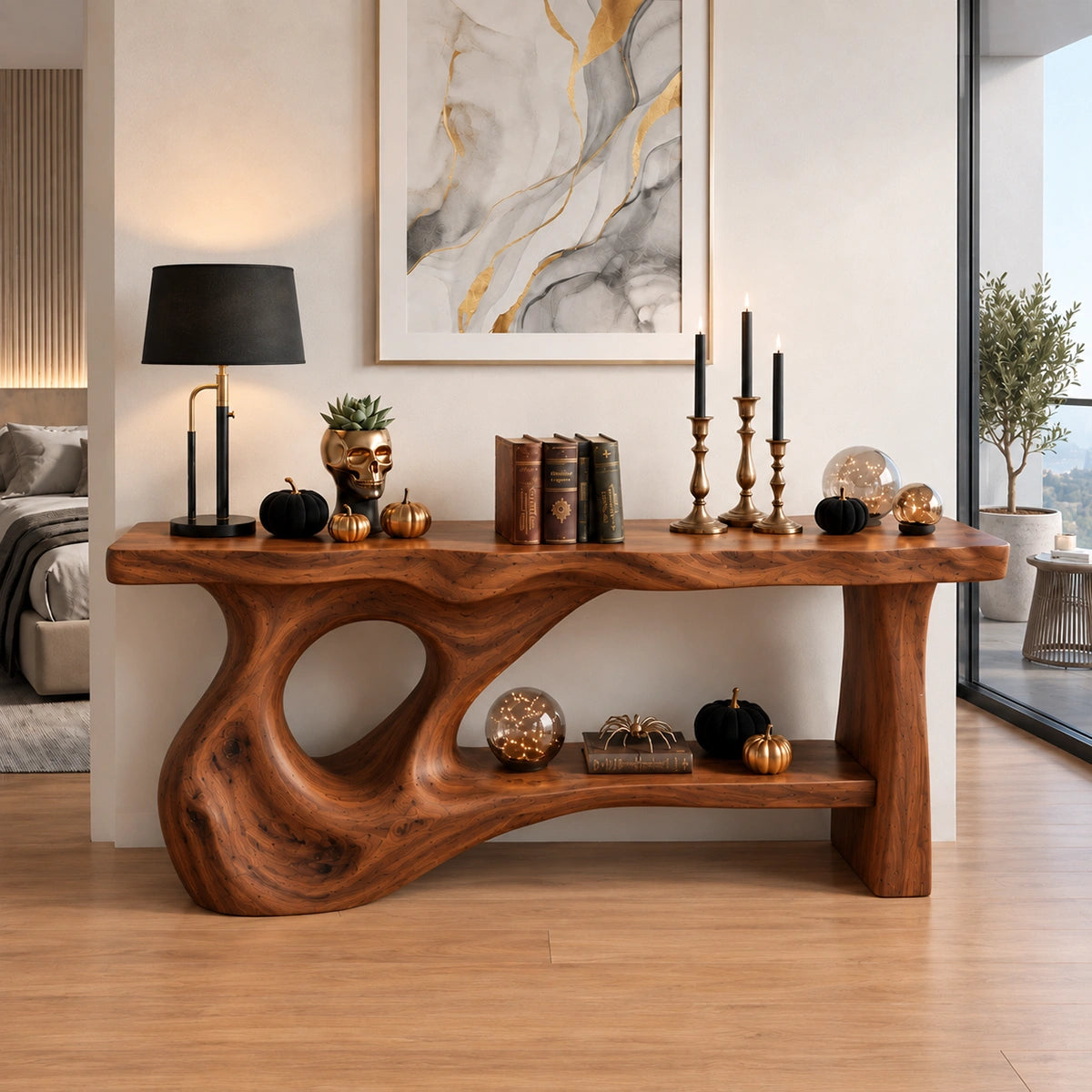 Console Table with Flowing Biomorphic Base in Natural Solid Woods - Rustiracraft