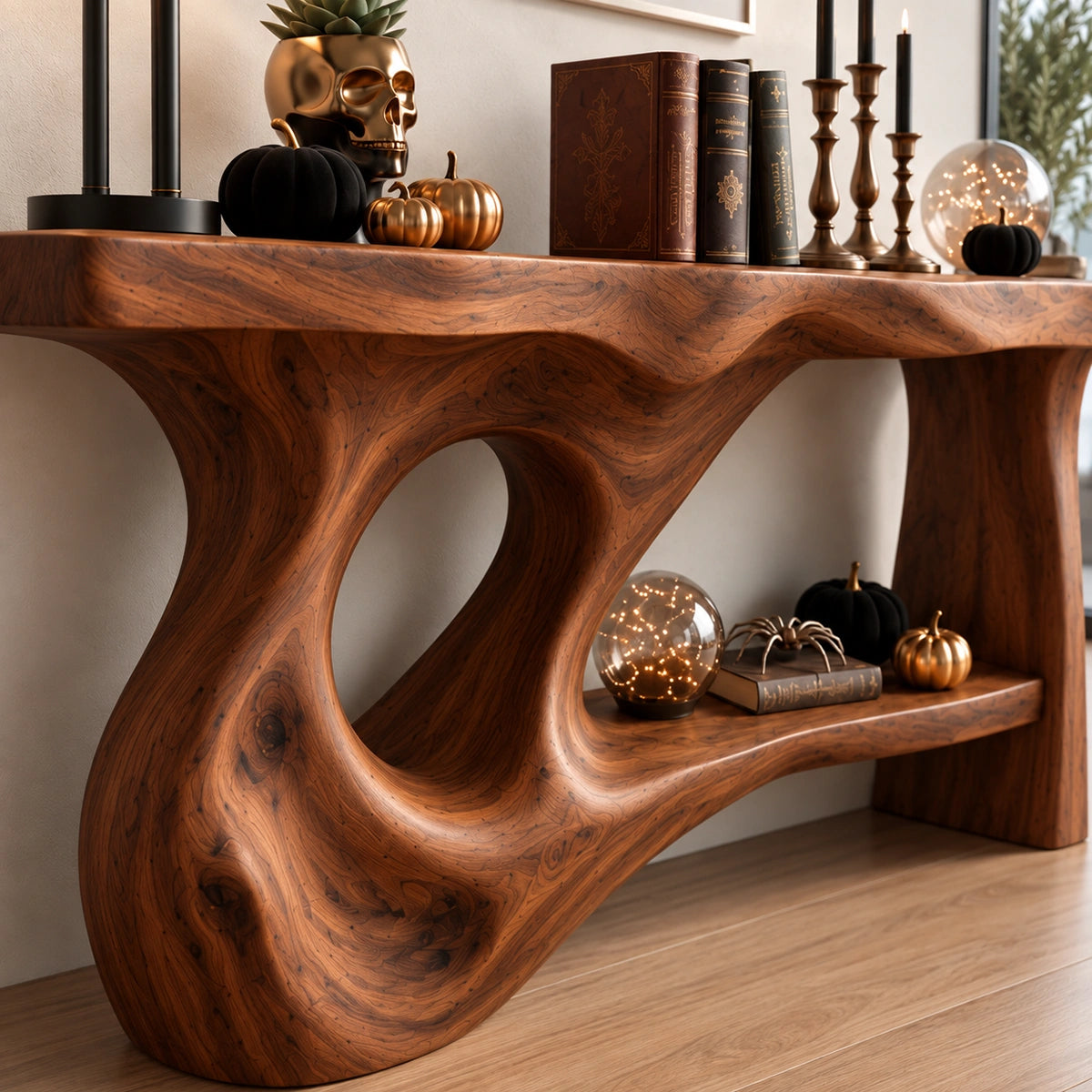 Console Table with Flowing Biomorphic Base in Natural Solid Woods - Rustiracraft