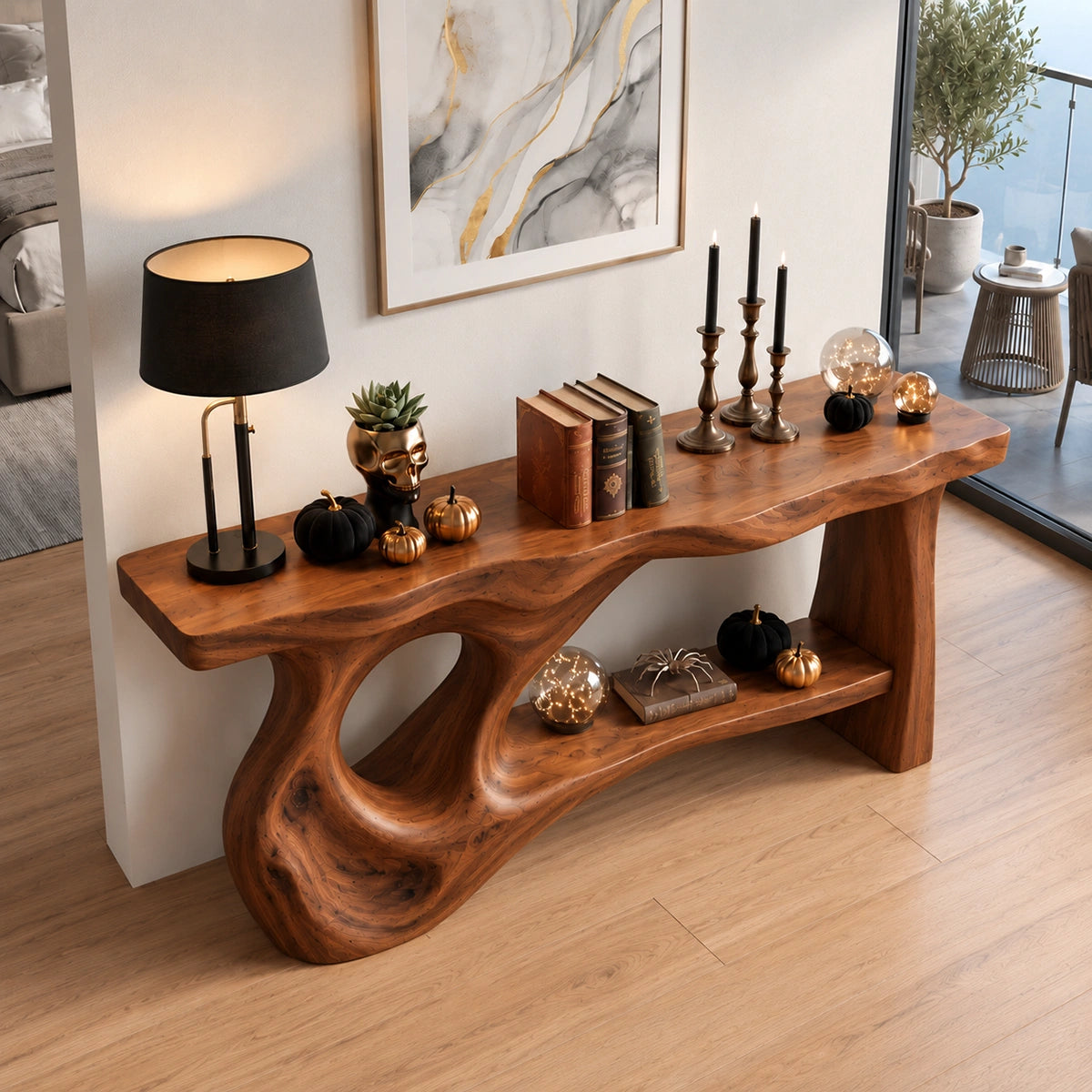 Console Table with Flowing Biomorphic Base in Natural Solid Woods - Rustiracraft