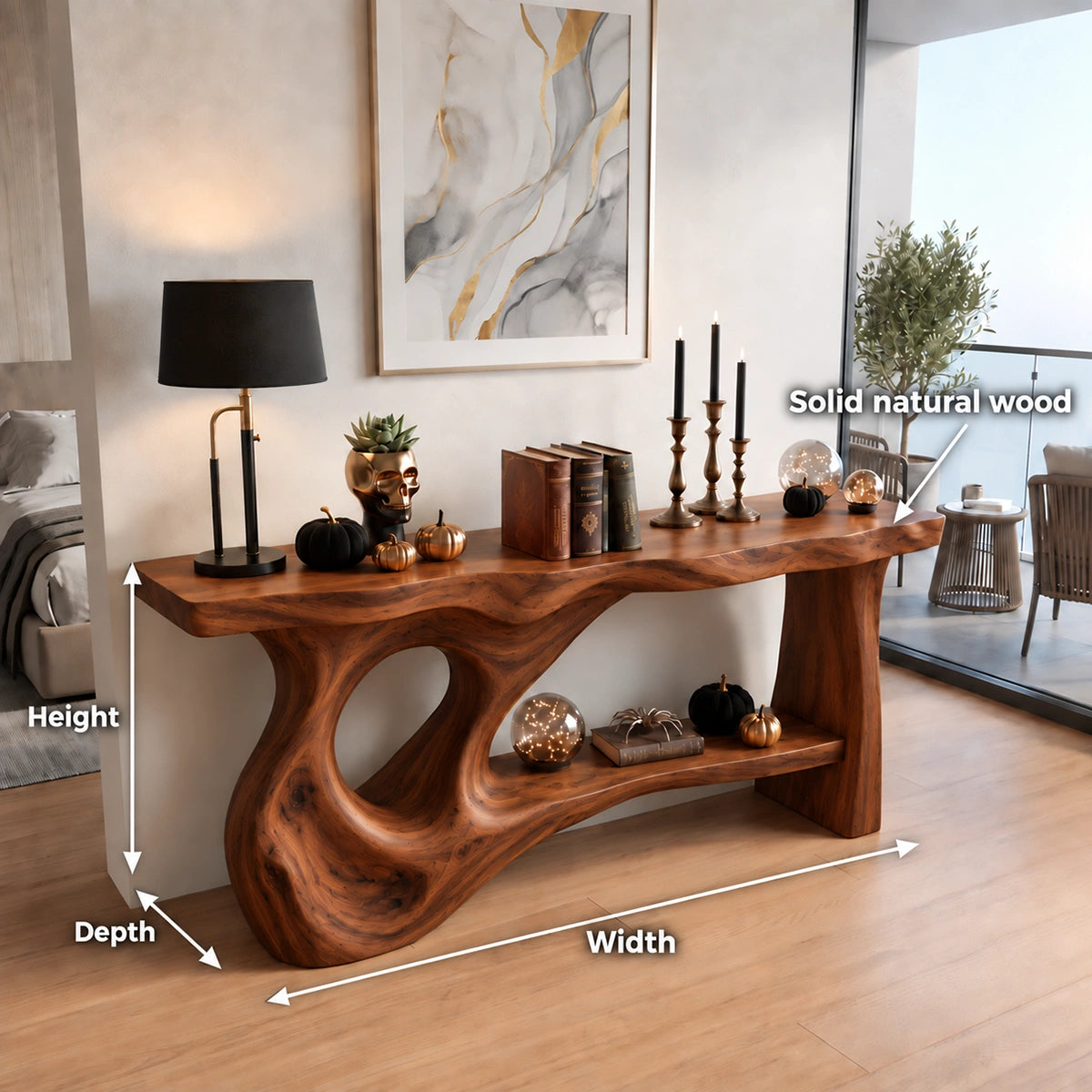 Console Table with Flowing Biomorphic Base in Natural Solid Woods - Rustiracraft