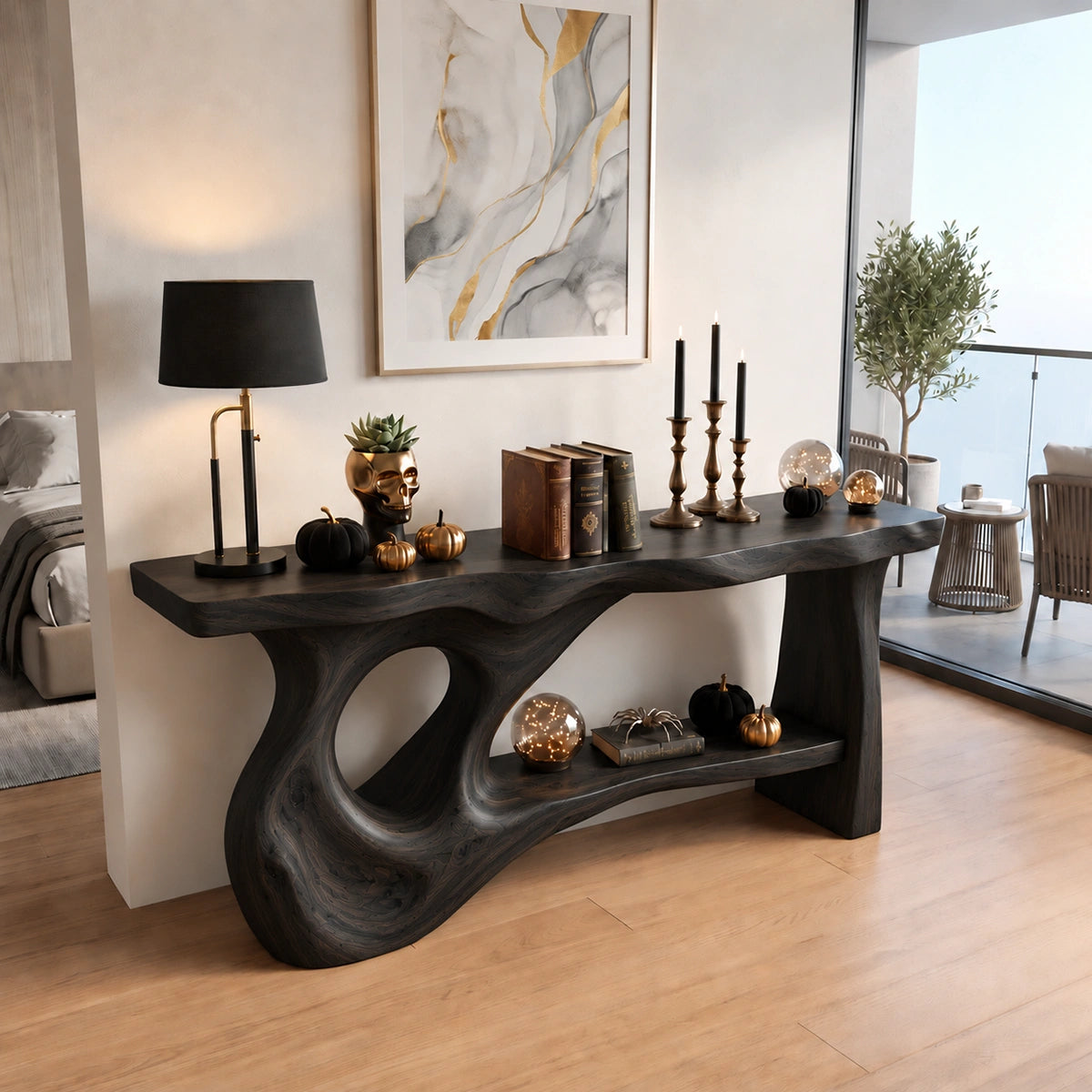 Console Table with Flowing Biomorphic Base in Natural Solid Woods - Rustiracraft