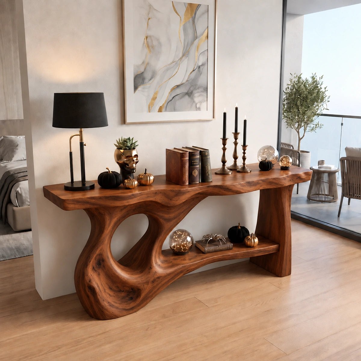 Console Table with Flowing Biomorphic Base in Natural Solid Woods - Rustiracraft