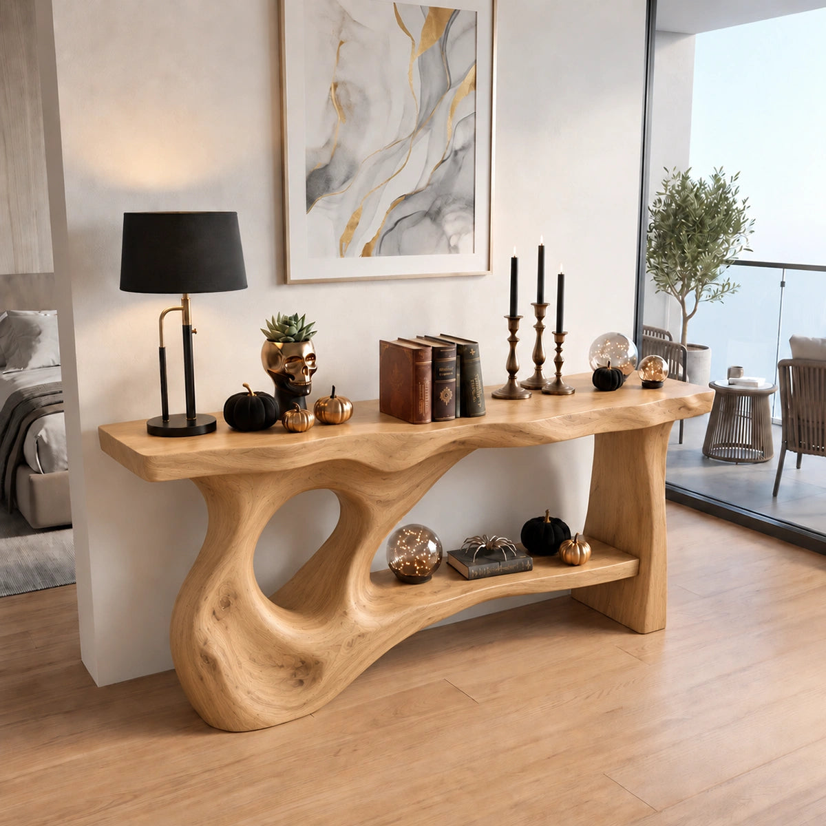 Console Table with Flowing Biomorphic Base in Natural Solid Woods - Rustiracraft