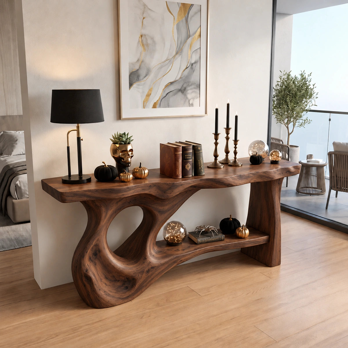 Console Table with Flowing Biomorphic Base in Natural Solid Woods - Rustiracraft