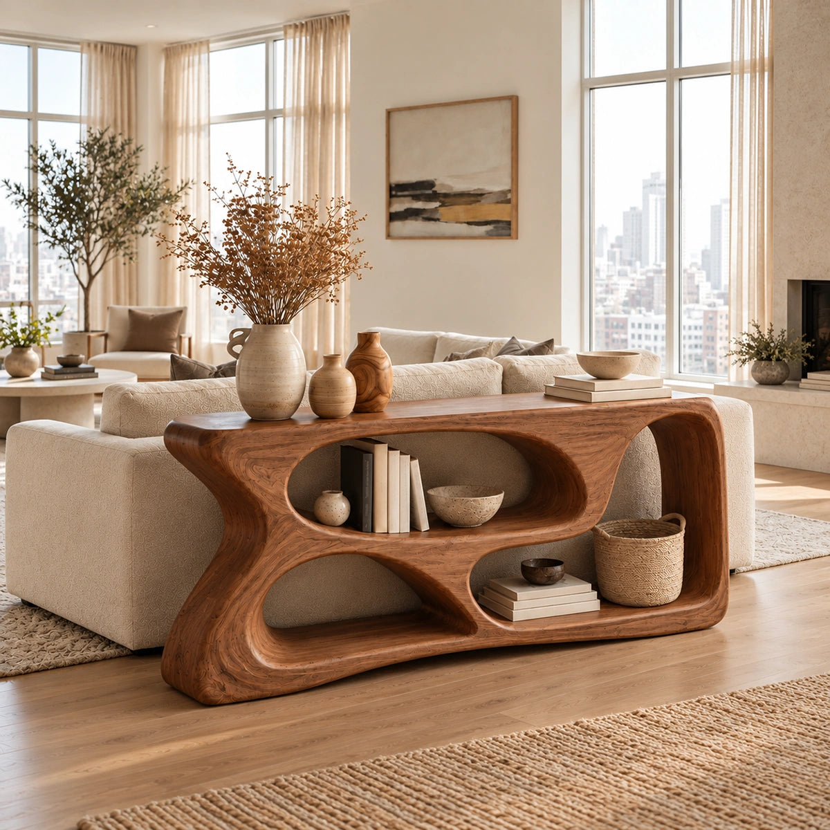 Console Table with Flowing Biomorphic Display Niches in Natural Solid Wood - Rustiracraft