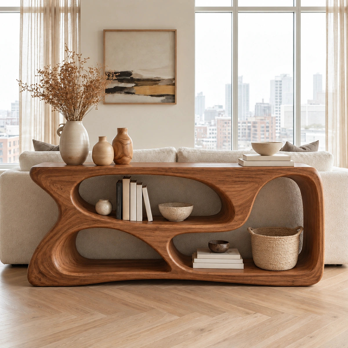 Console Table with Flowing Biomorphic Display Niches in Natural Solid Wood - Rustiracraft