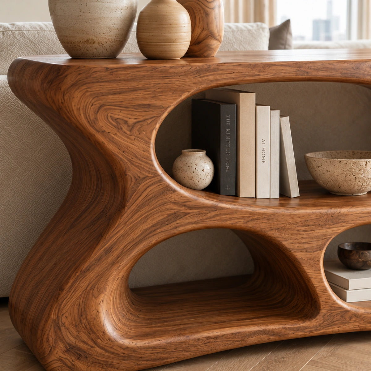 Console Table with Flowing Biomorphic Display Niches in Natural Solid Wood - Rustiracraft