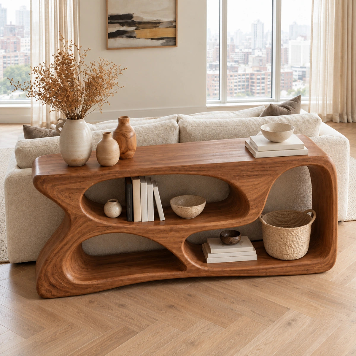 Console Table with Flowing Biomorphic Display Niches in Natural Solid Wood - Rustiracraft