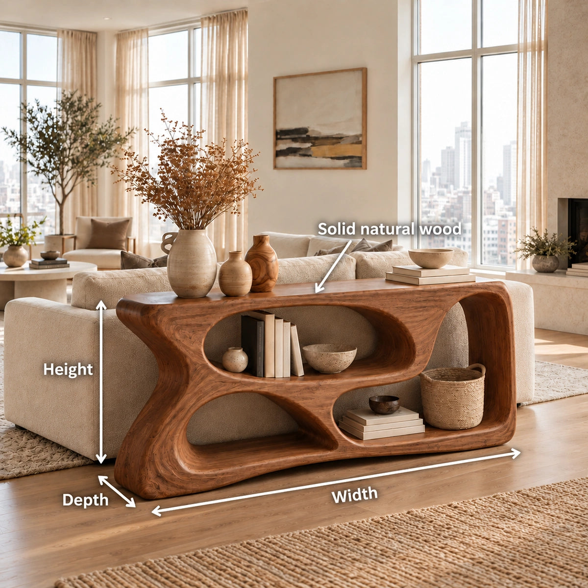 Console Table with Flowing Biomorphic Display Niches in Natural Solid Wood - Rustiracraft