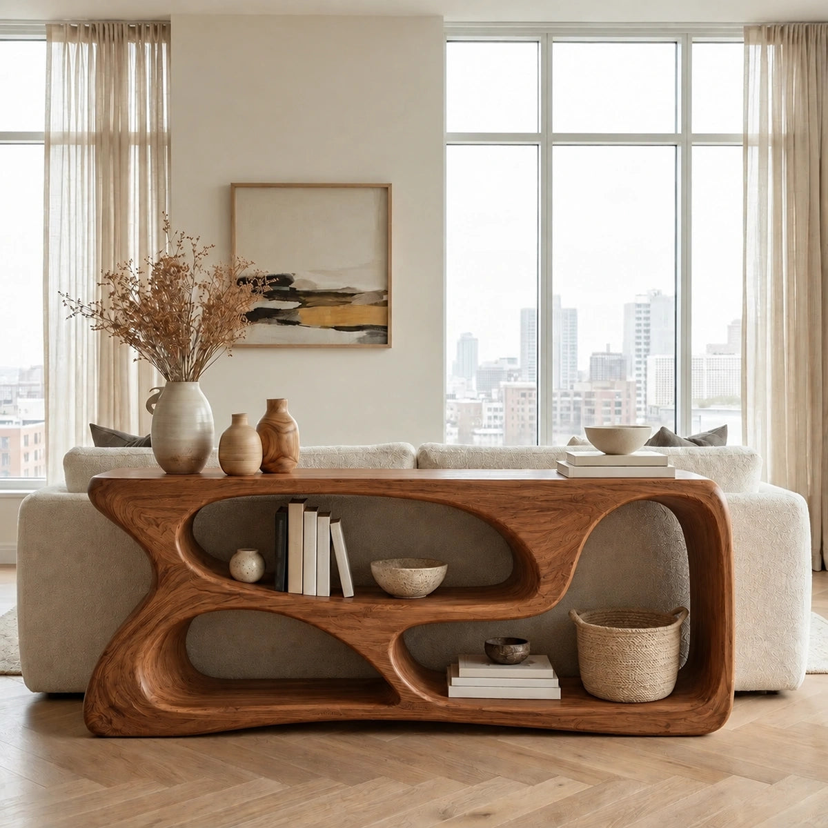Console Table with Flowing Biomorphic Display Niches in Natural Solid Wood - Rustiracraft