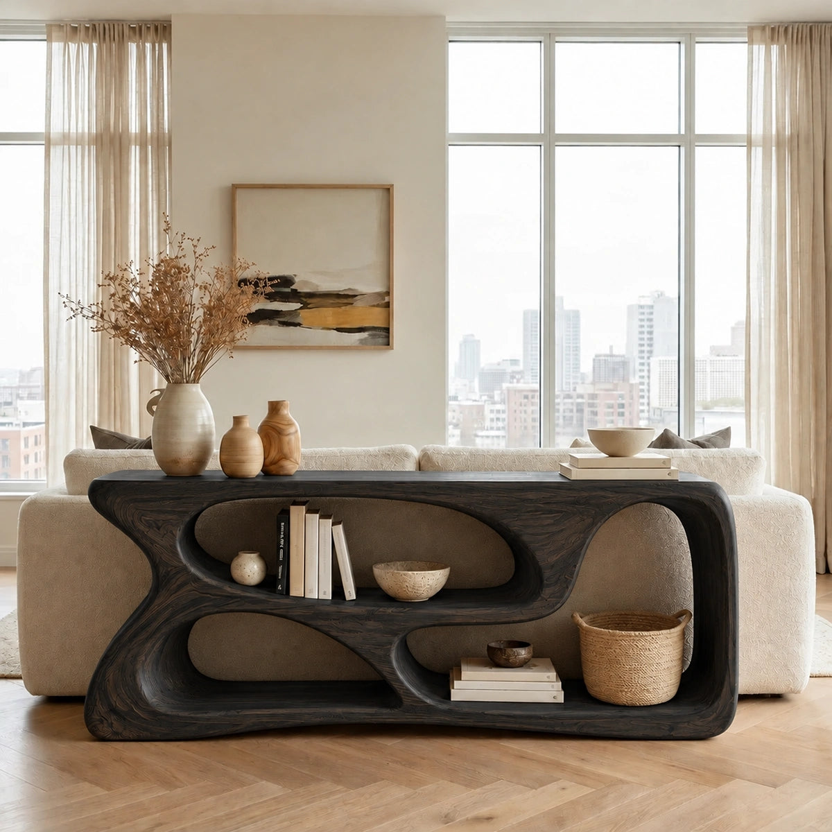 Console Table with Flowing Biomorphic Display Niches in Natural Solid Wood - Rustiracraft