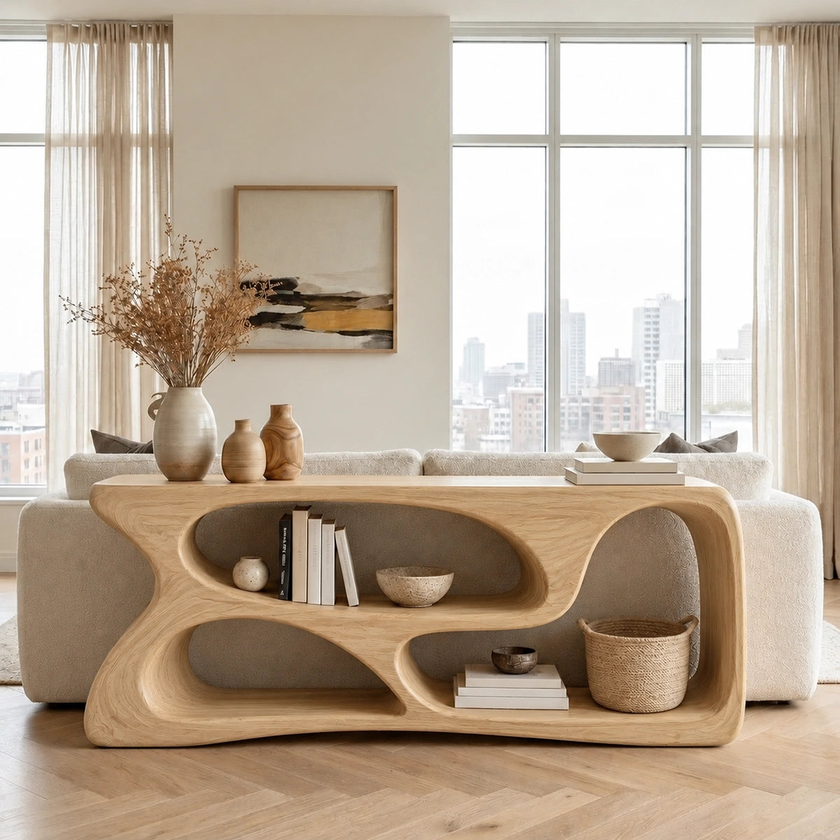 Console Table with Flowing Biomorphic Display Niches in Natural Solid Wood - Rustiracraft