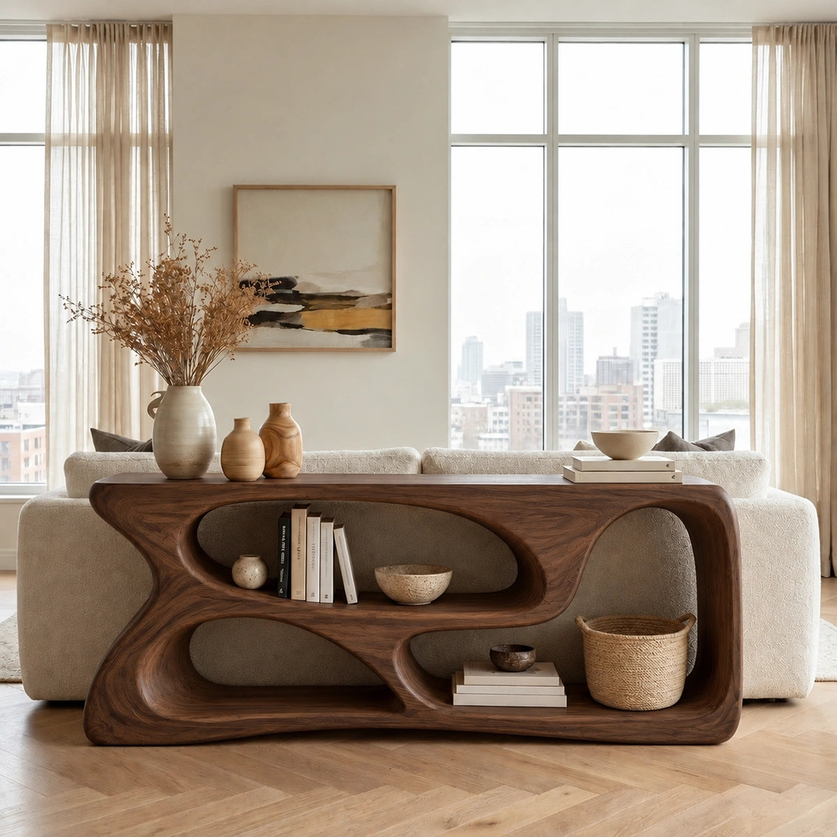 Console Table with Flowing Biomorphic Display Niches in Natural Solid Wood - Rustiracraft