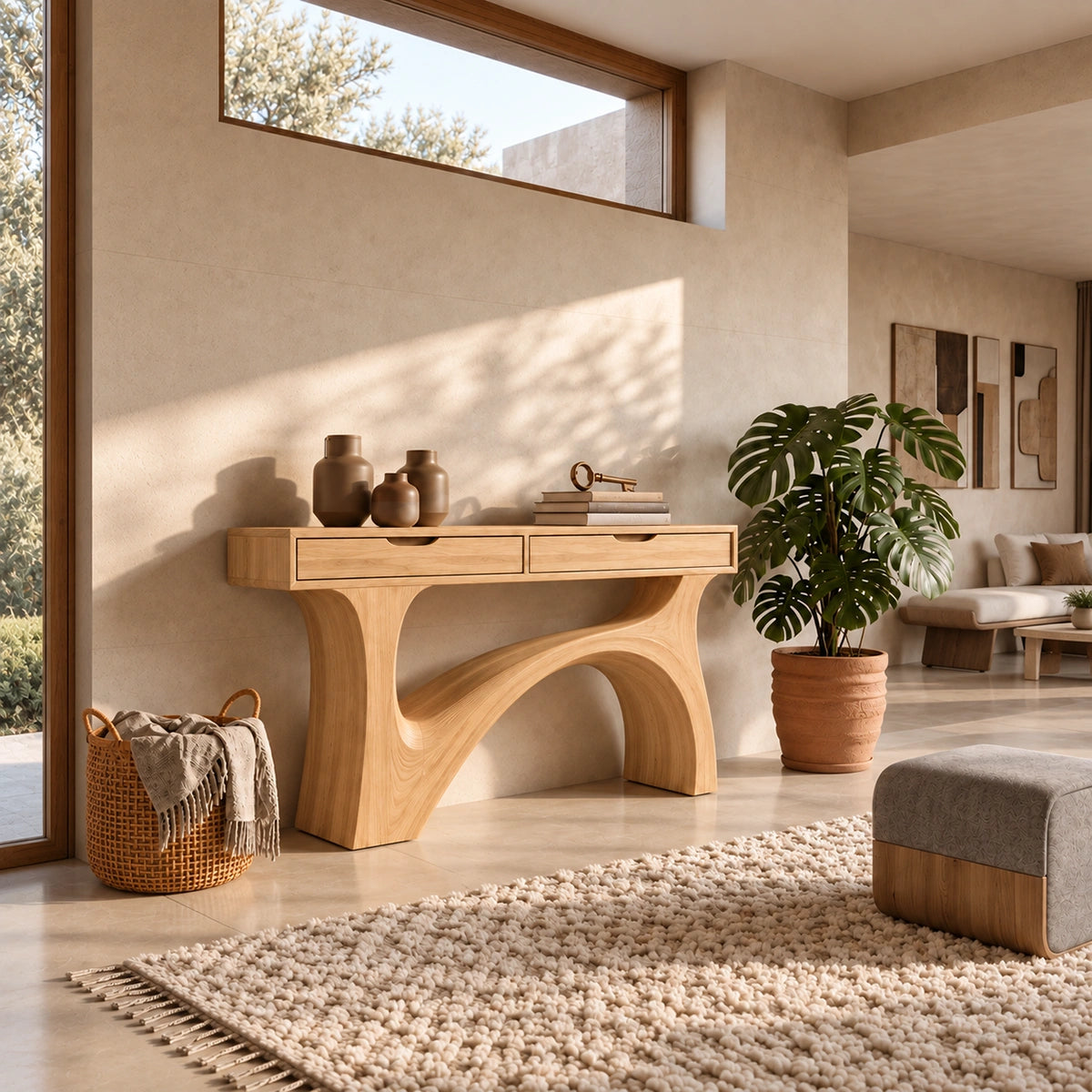 Console Table with Flowing Sculptural Arch in Natural Solid Wood Base - Rustiracraft