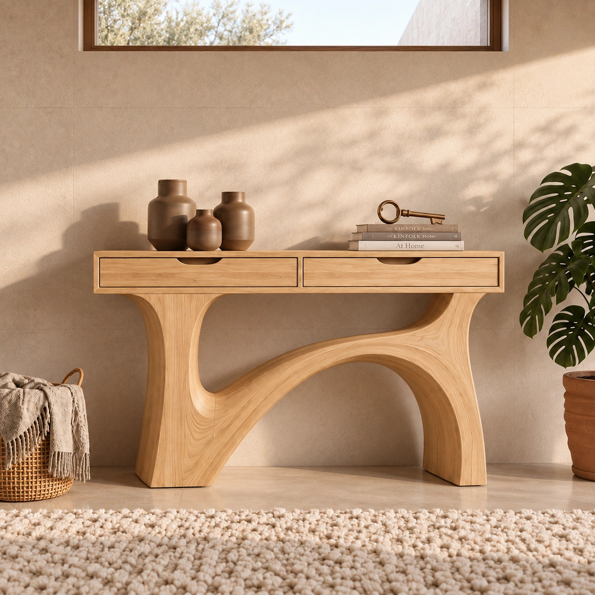 Console Table with Flowing Sculptural Arch in Natural Solid Wood Base - Rustiracraft