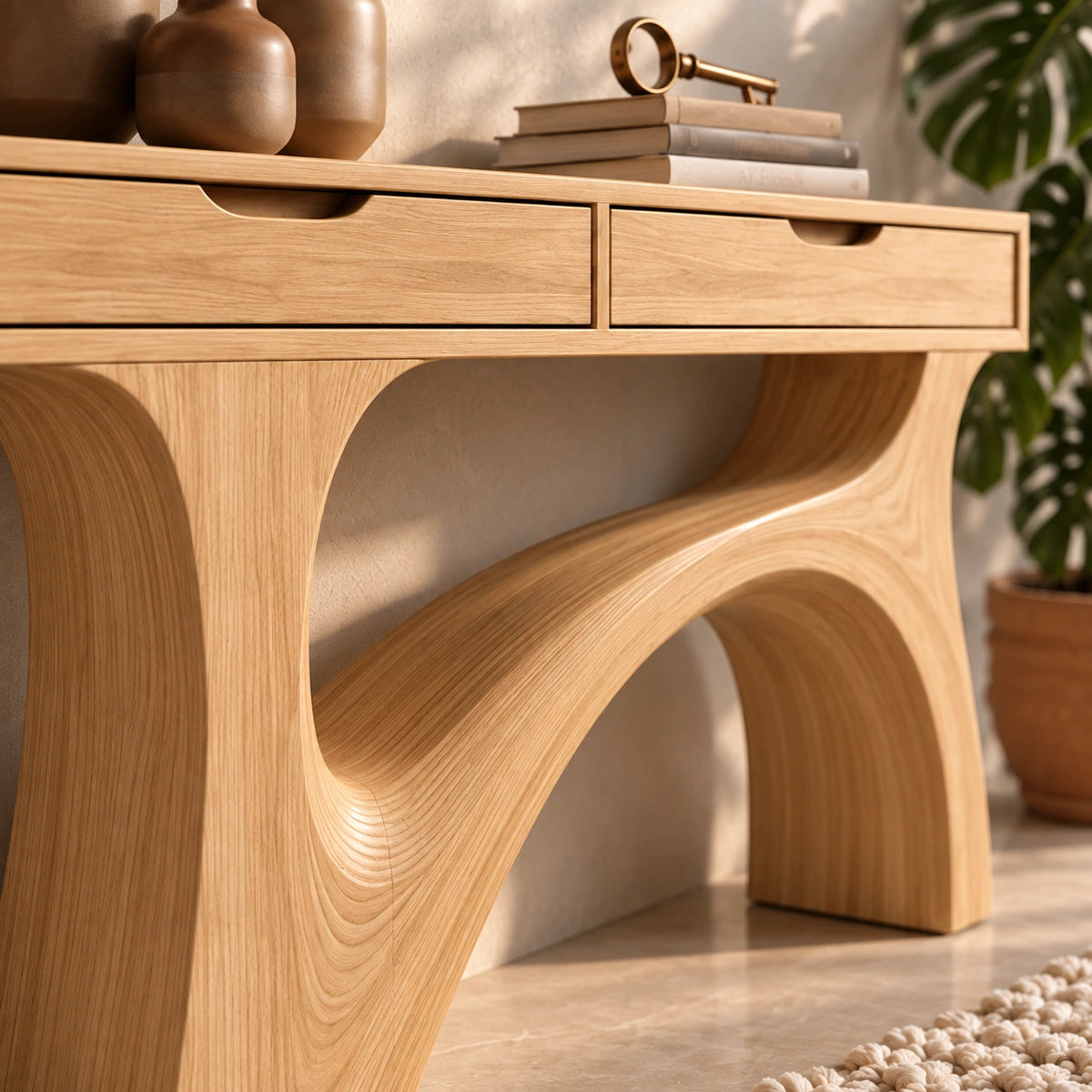 Console Table with Flowing Sculptural Arch in Natural Solid Wood Base - Rustiracraft