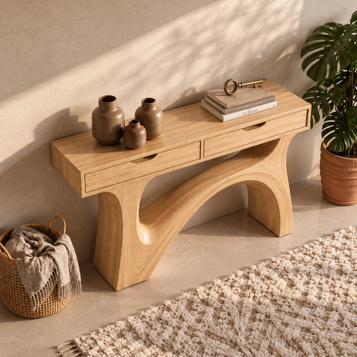 Console Table with Flowing Sculptural Arch in Natural Solid Wood Base - Rustiracraft