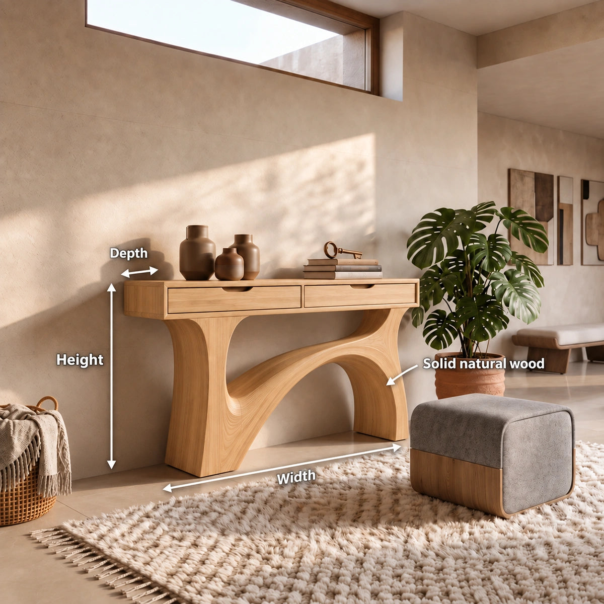 Console Table with Flowing Sculptural Arch in Natural Solid Wood Base - Rustiracraft