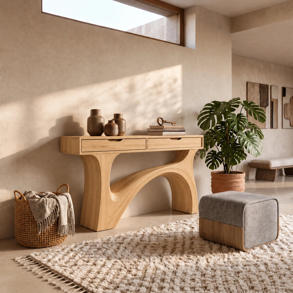 Console Table with Flowing Sculptural Arch in Natural Solid Wood Base - Rustiracraft