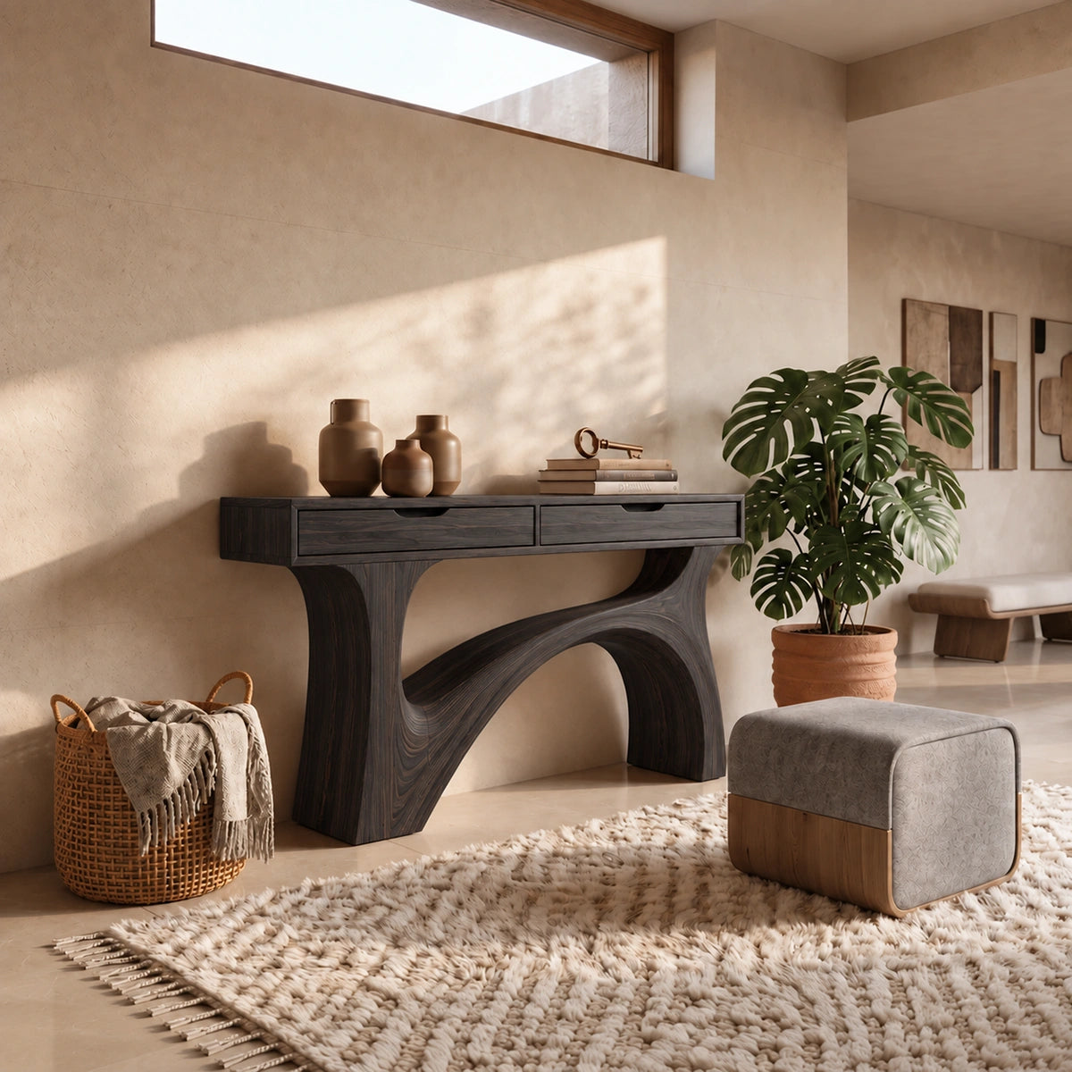 Console Table with Flowing Sculptural Arch in Natural Solid Wood Base - Rustiracraft