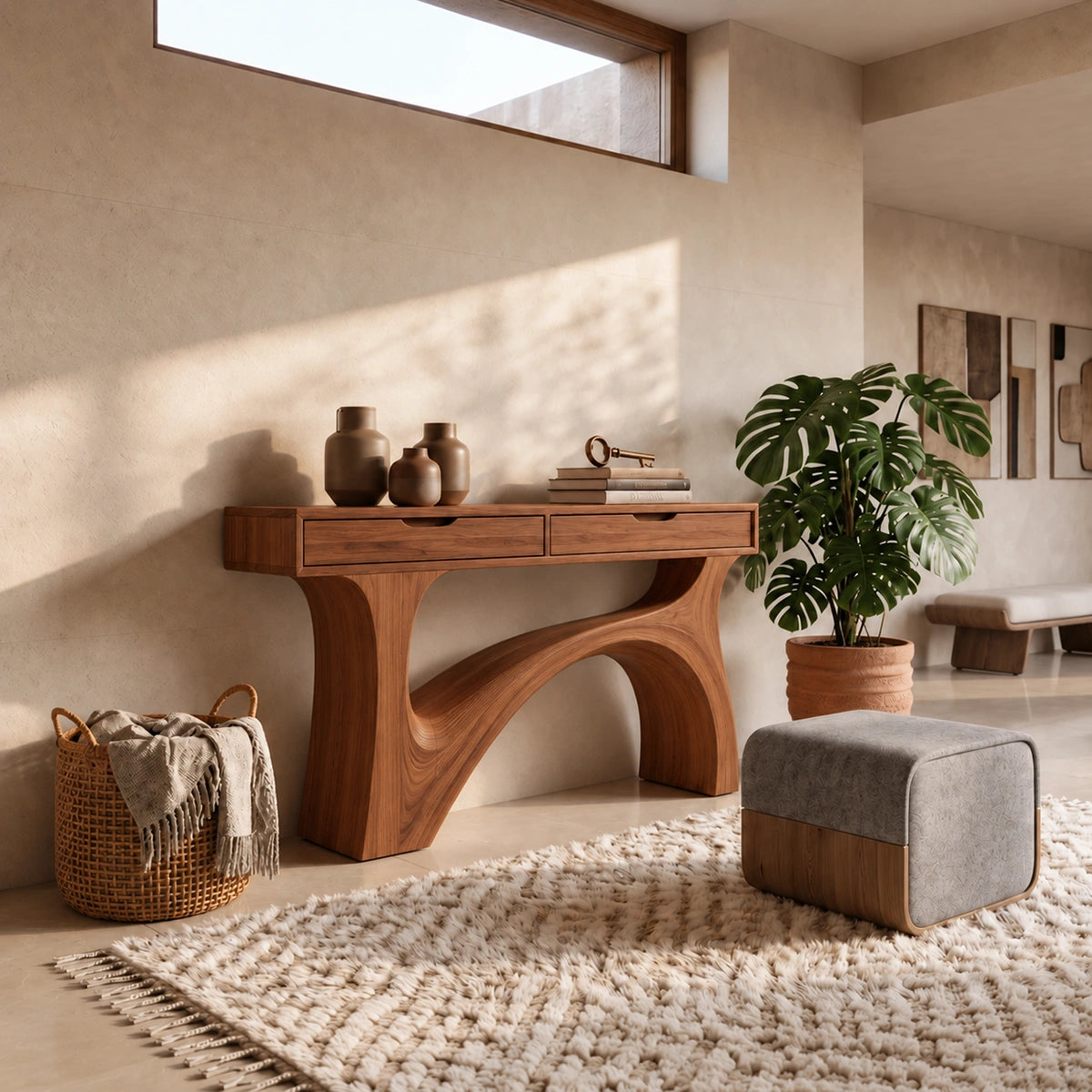 Console Table with Flowing Sculptural Arch in Natural Solid Wood Base - Rustiracraft