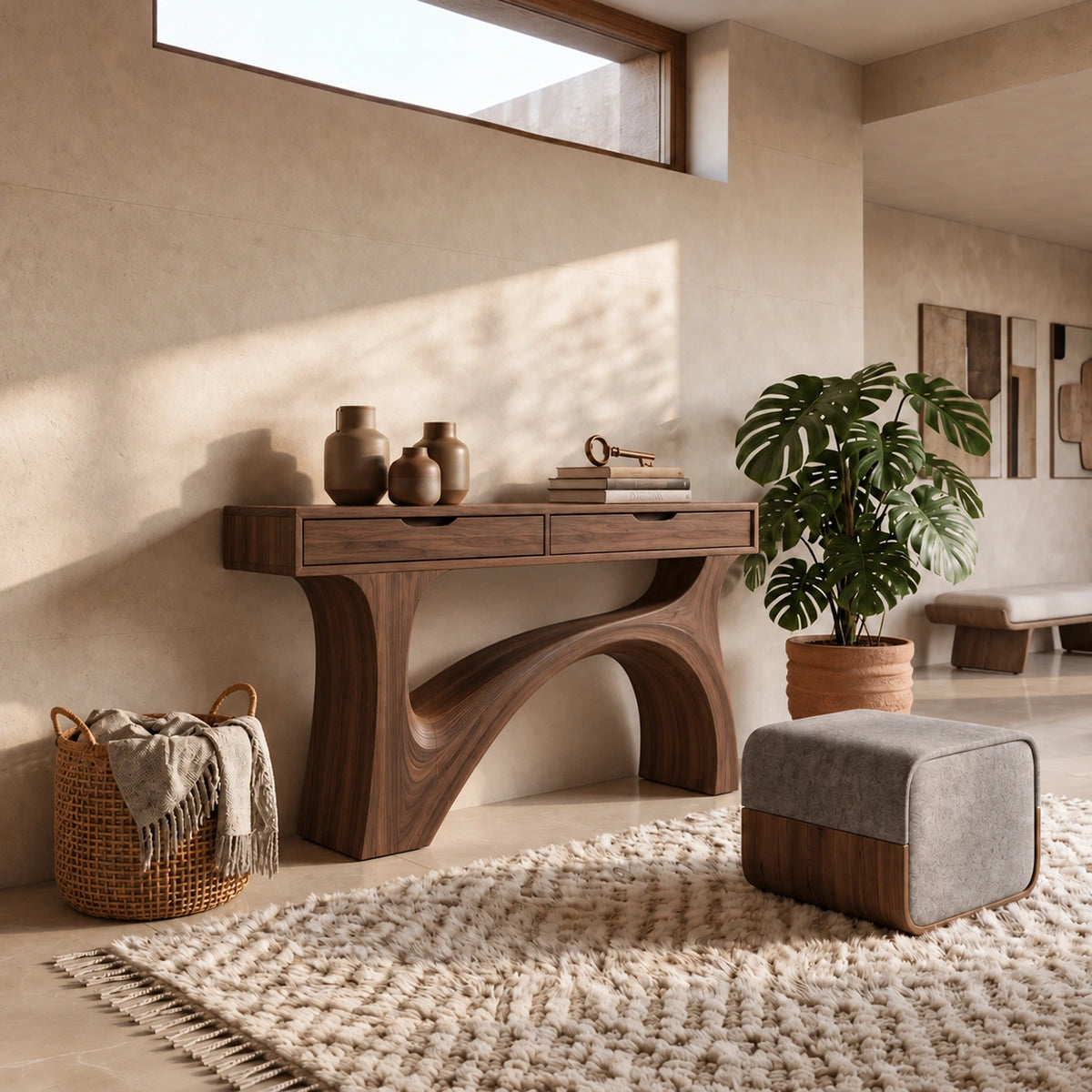 Console Table with Flowing Sculptural Arch in Natural Solid Wood Base - Rustiracraft