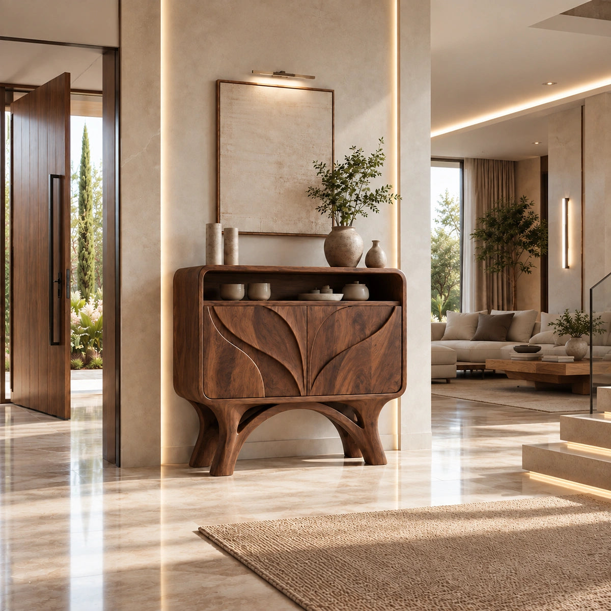 Console Table with Hand-Carved Leaf Doors in Natural Solid Wood Form - Rustiracraft
