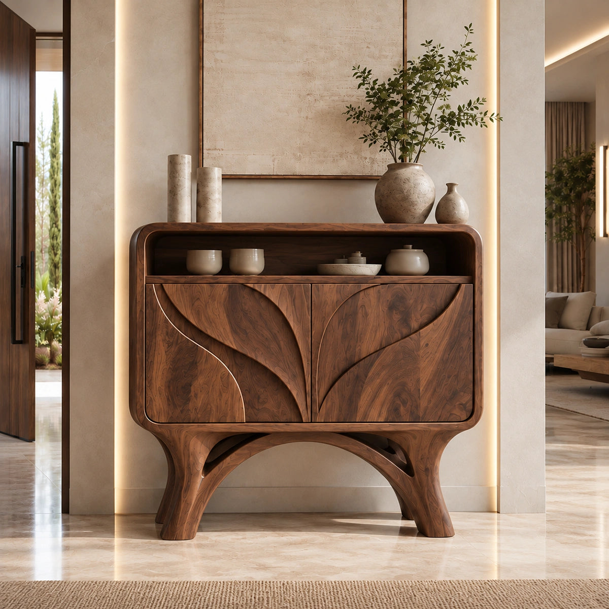 Console Table with Hand-Carved Leaf Doors in Natural Solid Wood Form - Rustiracraft