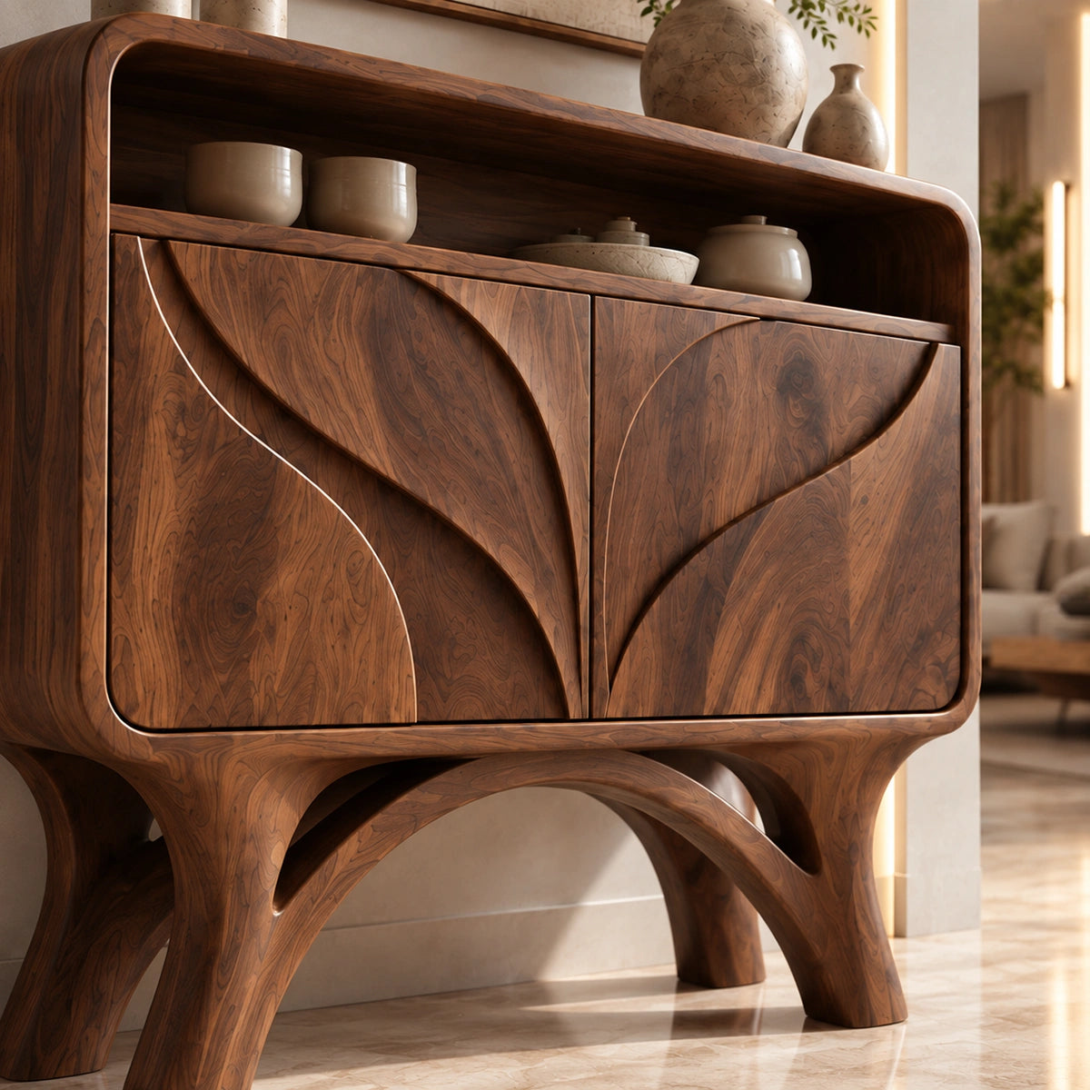 Console Table with Hand-Carved Leaf Doors in Natural Solid Wood Form - Rustiracraft