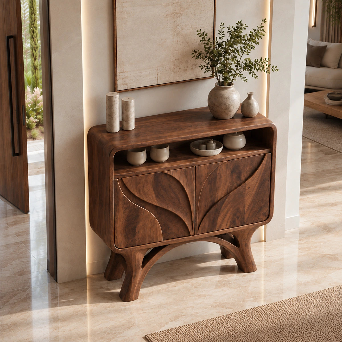 Console Table with Hand-Carved Leaf Doors in Natural Solid Wood Form - Rustiracraft