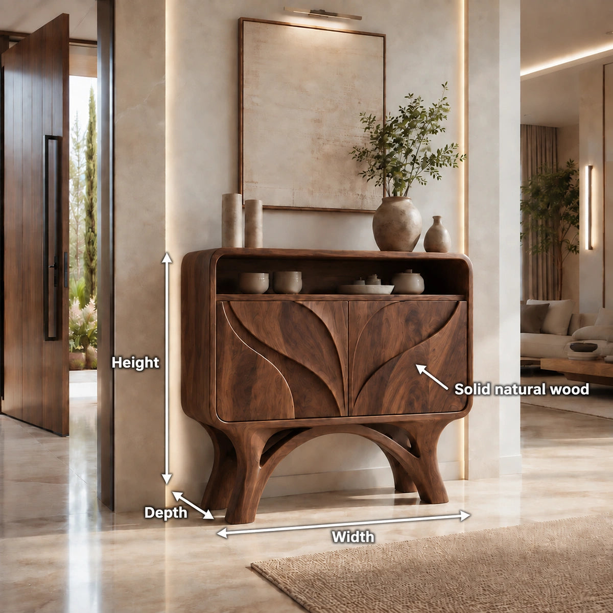 Console Table with Hand-Carved Leaf Doors in Natural Solid Wood Form - Rustiracraft