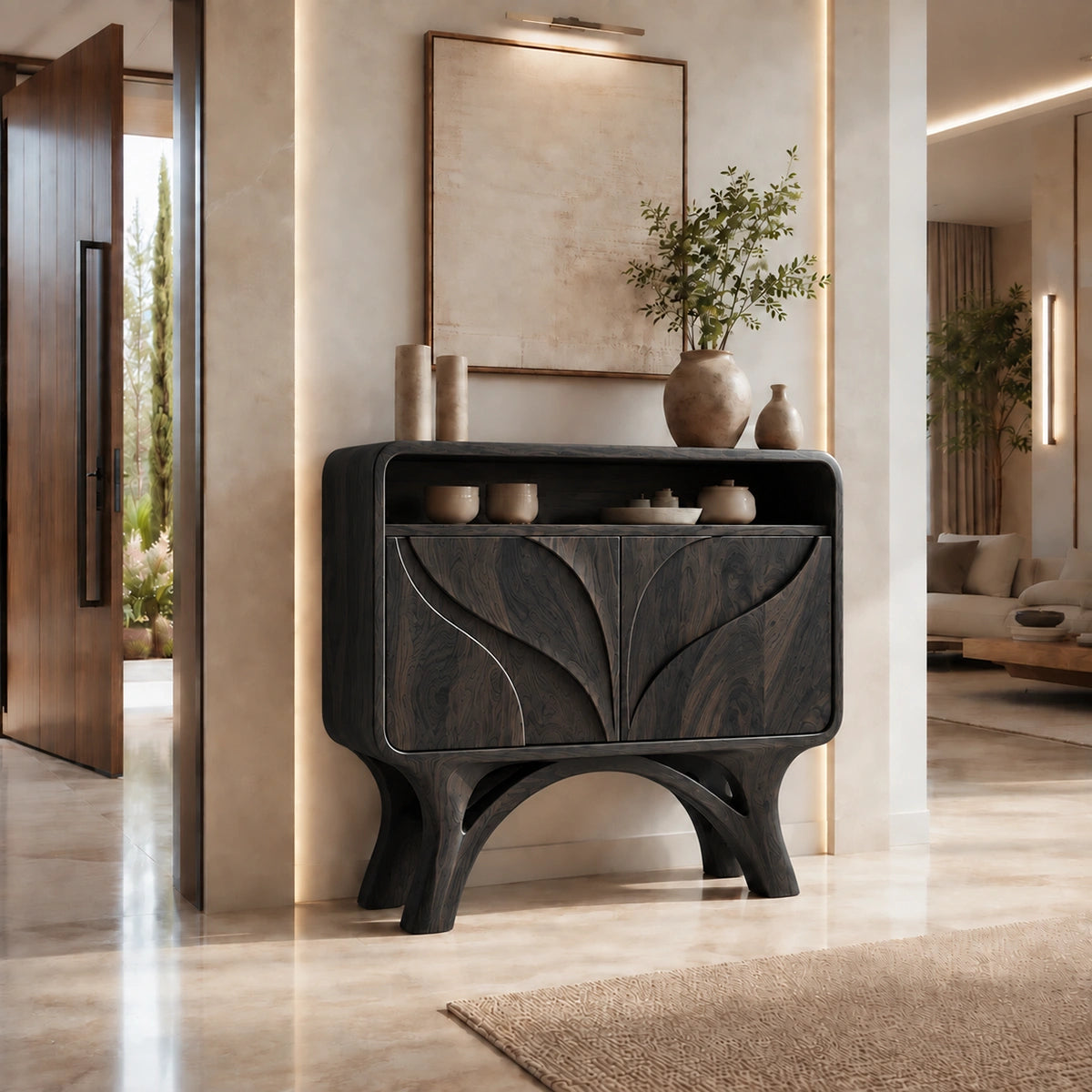 Console Table with Hand-Carved Leaf Doors in Natural Solid Wood Form - Rustiracraft
