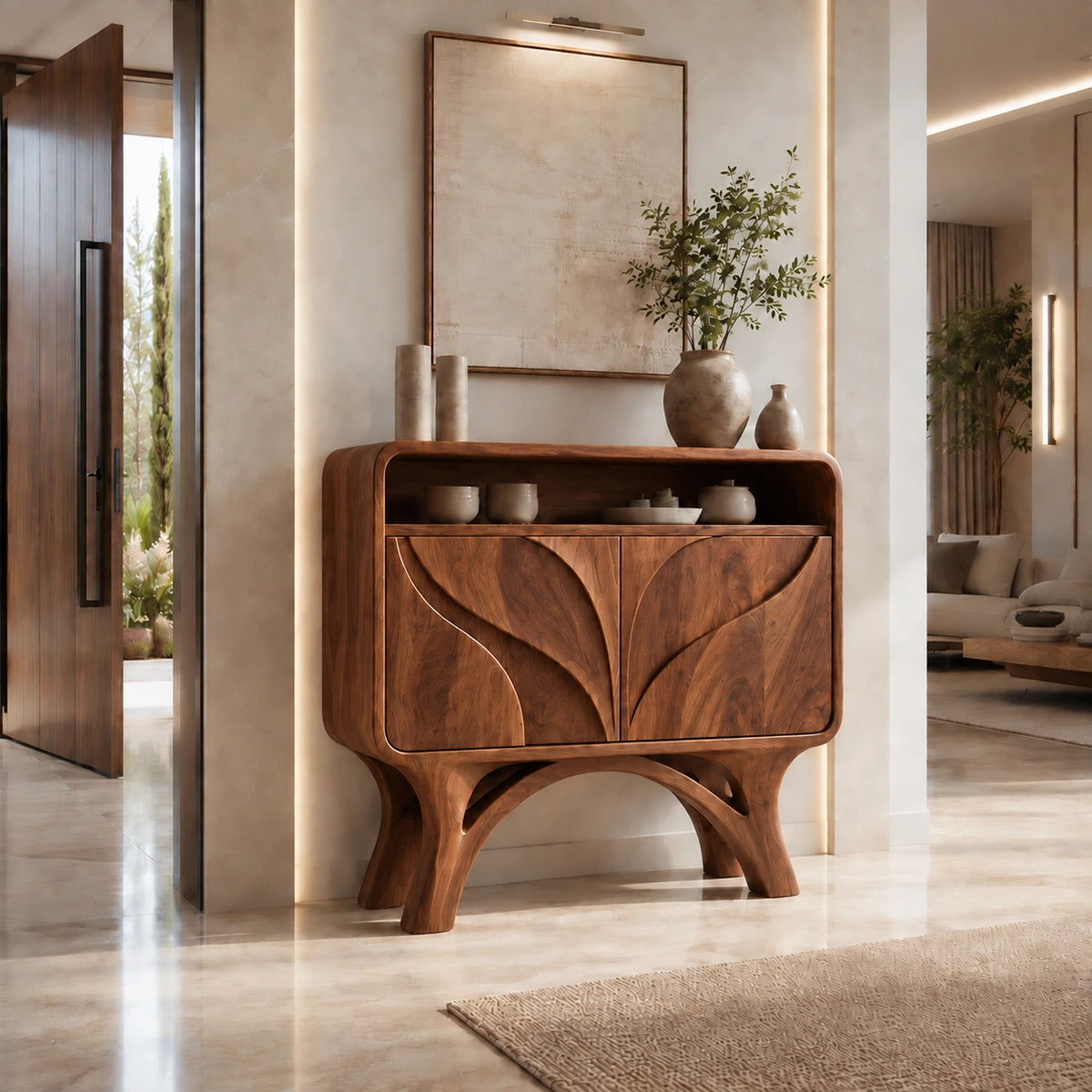 Console Table with Hand-Carved Leaf Doors in Natural Solid Wood Form - Rustiracraft