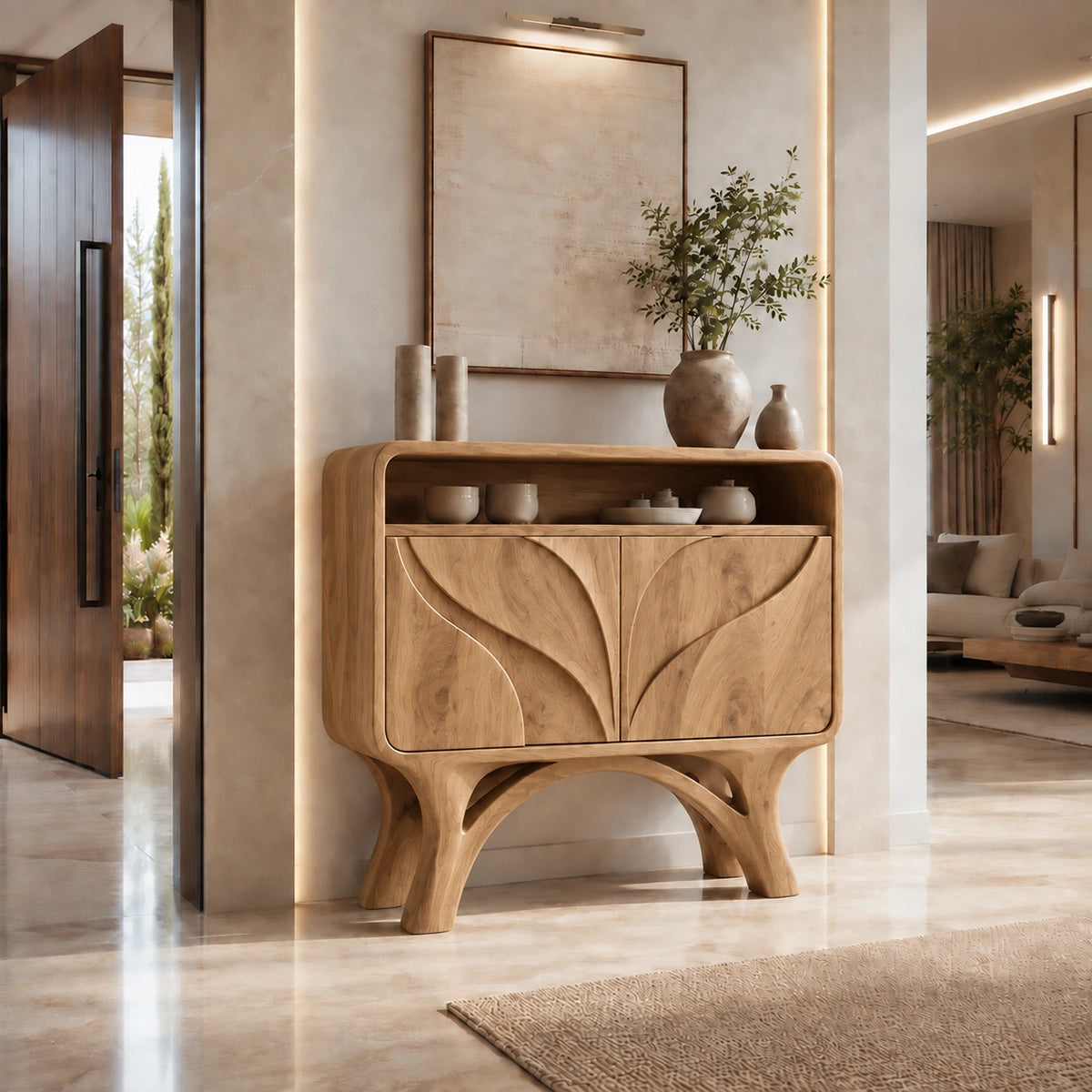 Console Table with Hand-Carved Leaf Doors in Natural Solid Wood Form - Rustiracraft