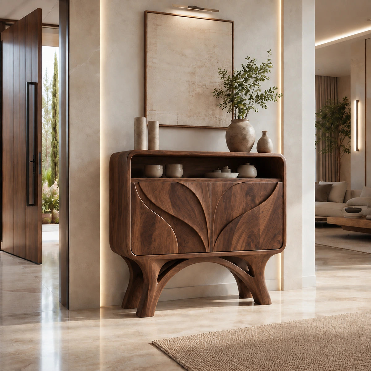 Console Table with Hand-Carved Leaf Doors in Natural Solid Wood Form - Rustiracraft