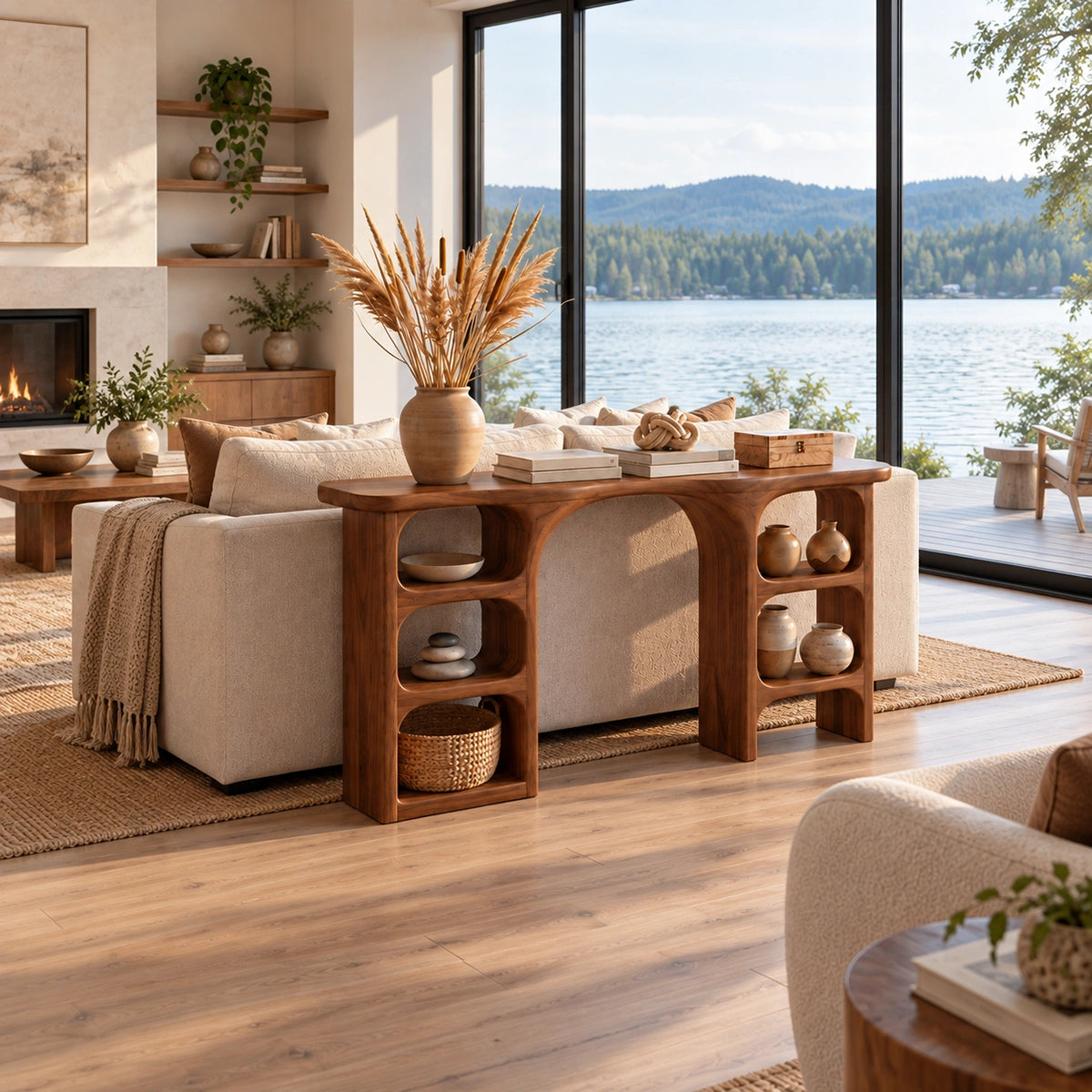 Console Table with Open Display Shelving in Natural Solid Wood Form - Rustiracraft