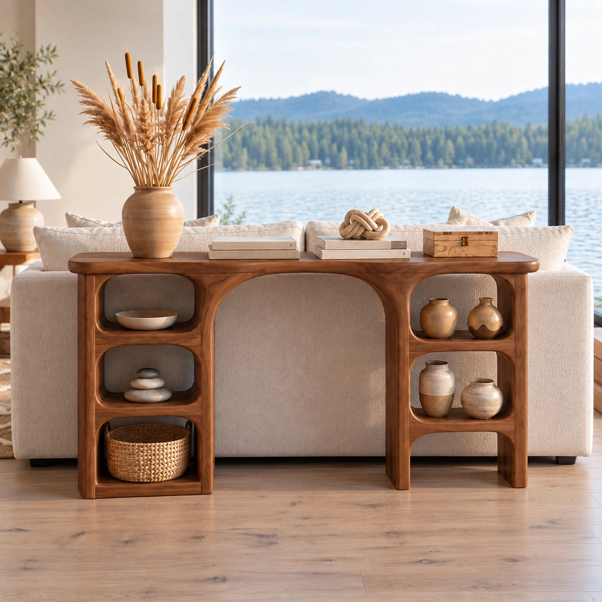 Console Table with Open Display Shelving in Natural Solid Wood Form - Rustiracraft
