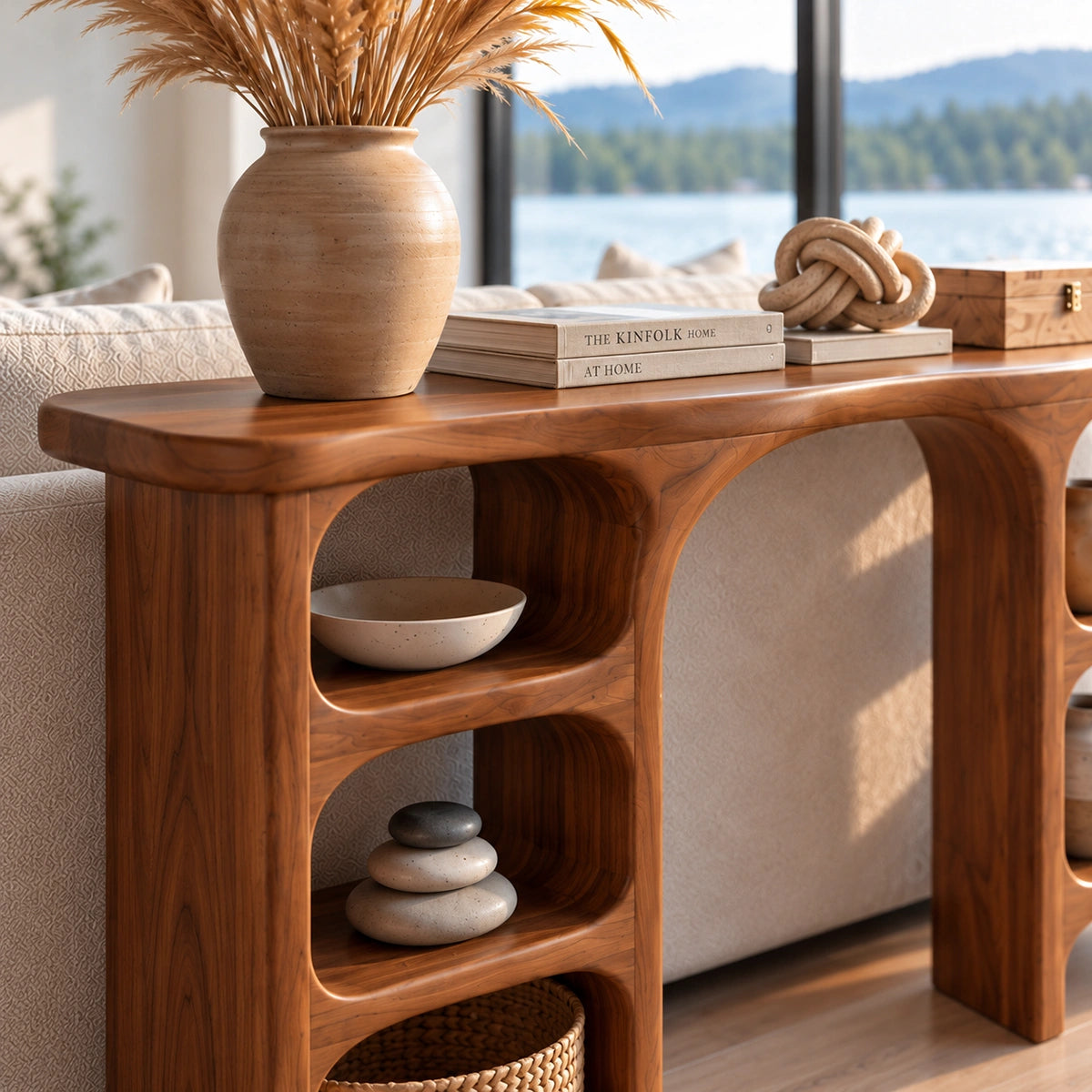 Console Table with Open Display Shelving in Natural Solid Wood Form - Rustiracraft