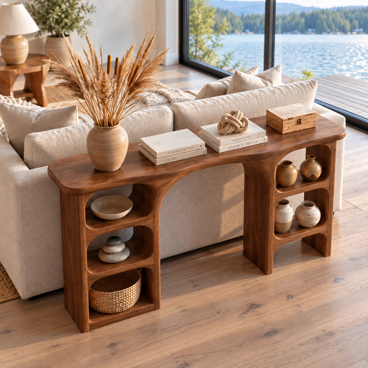 Console Table with Open Display Shelving in Natural Solid Wood Form - Rustiracraft